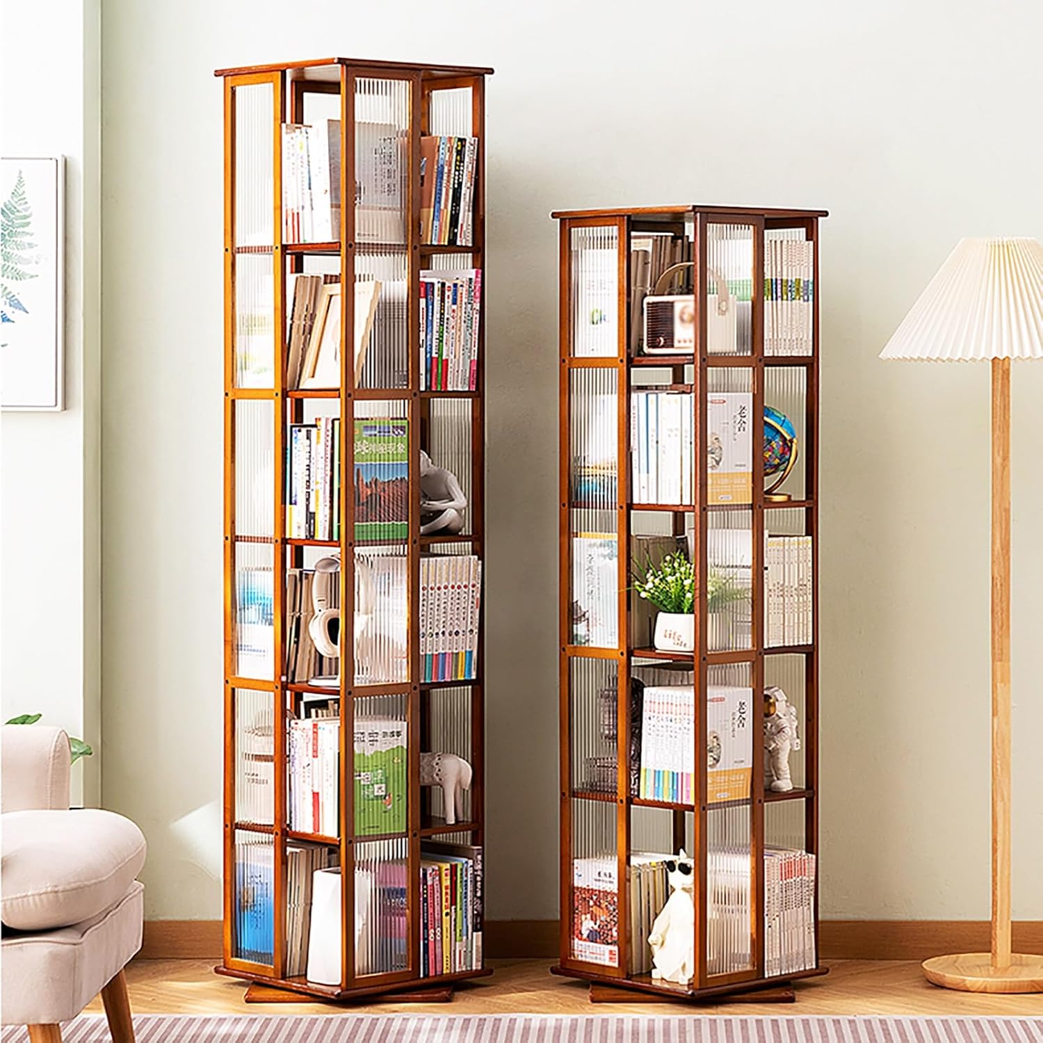 5 Tier Rotating Bookshelf, 360° Spinning Book Shelf Tower, Bamboo Floor Standing Storage Rack, Narrow Storage Shelf for Living Room, Bedroom, Study(Beige)