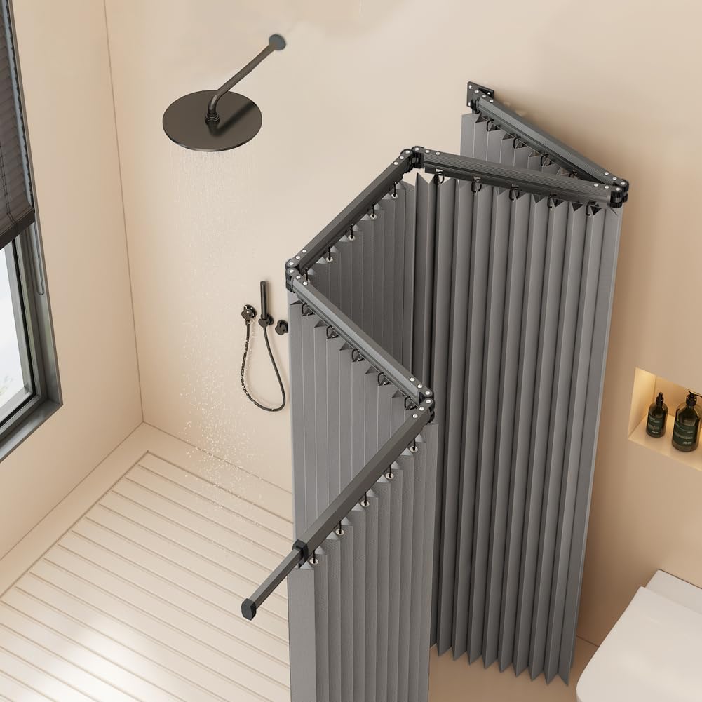 Modern Polyester Fabric Shower Curtain, Wall Mount Corner Shower Curtain Set with Folding Alloy Pole, for Bathroom/Rv/Hotel,White,Four fold Pole