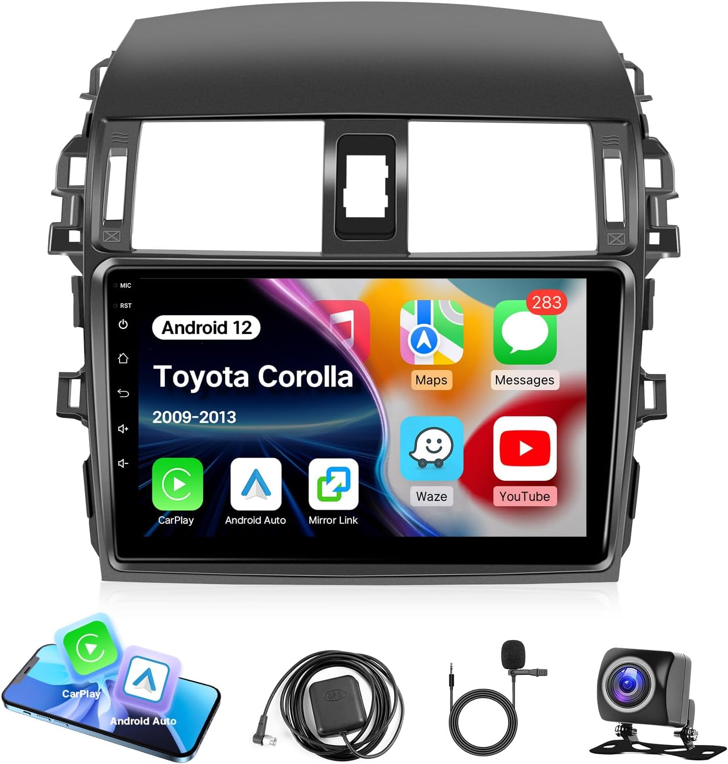 Leadfan Car Play Radio for Toyota Corolla 2009 2010 2011 2012 2013 with Wireless Carplay Android Auto, 9 inch Touchscreen GPS Radio Stereo for Toyota Corolla Bluetooth FM SWC Backup Camera, 2G+32G