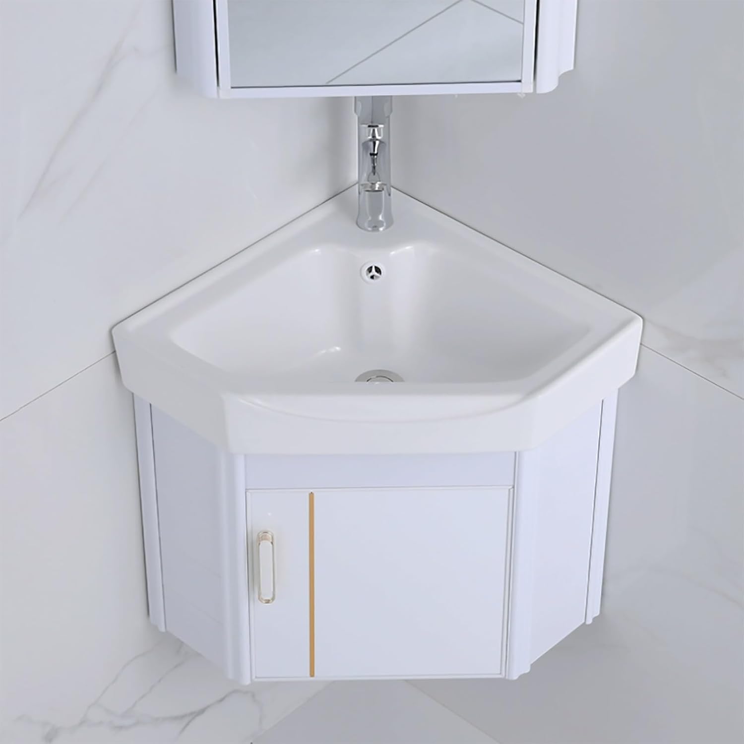 Corner Ceramic Sink，Corner Bathroom Vanity，Corner Bathroom Sink，Corner Wall Mount Bathroom Sink，Bathroom Cabinet with Faucet and Drain， Bathroom Sink with Storage Container(White,38cm/15in)