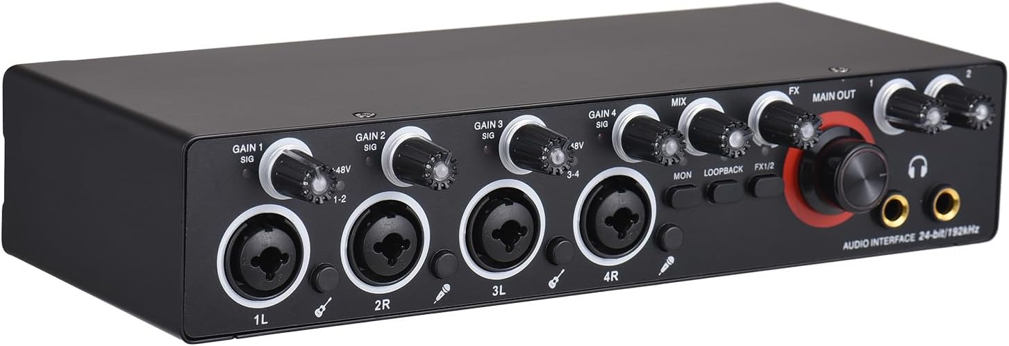 HighQuality 2 Channels Audio Interface with Enhanced Features for Audio Control for Live Sound and Streaming, 2-in 2-Out USB Sound Card 24 Bit/192khz 48V Phantom Power Supply Realtime