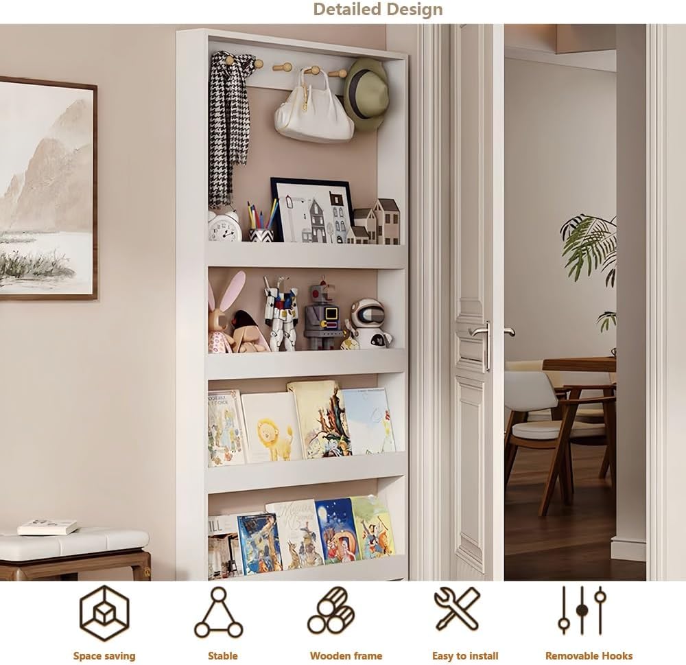 5-Tier Wall-Mounted Bookshelf for Behind-The-Door Storage – Wooden Narrow Bookcase with Open Shelves, Space-Saving Organizer for Books, Toys, and Decor(Brown,Large(39.4in))