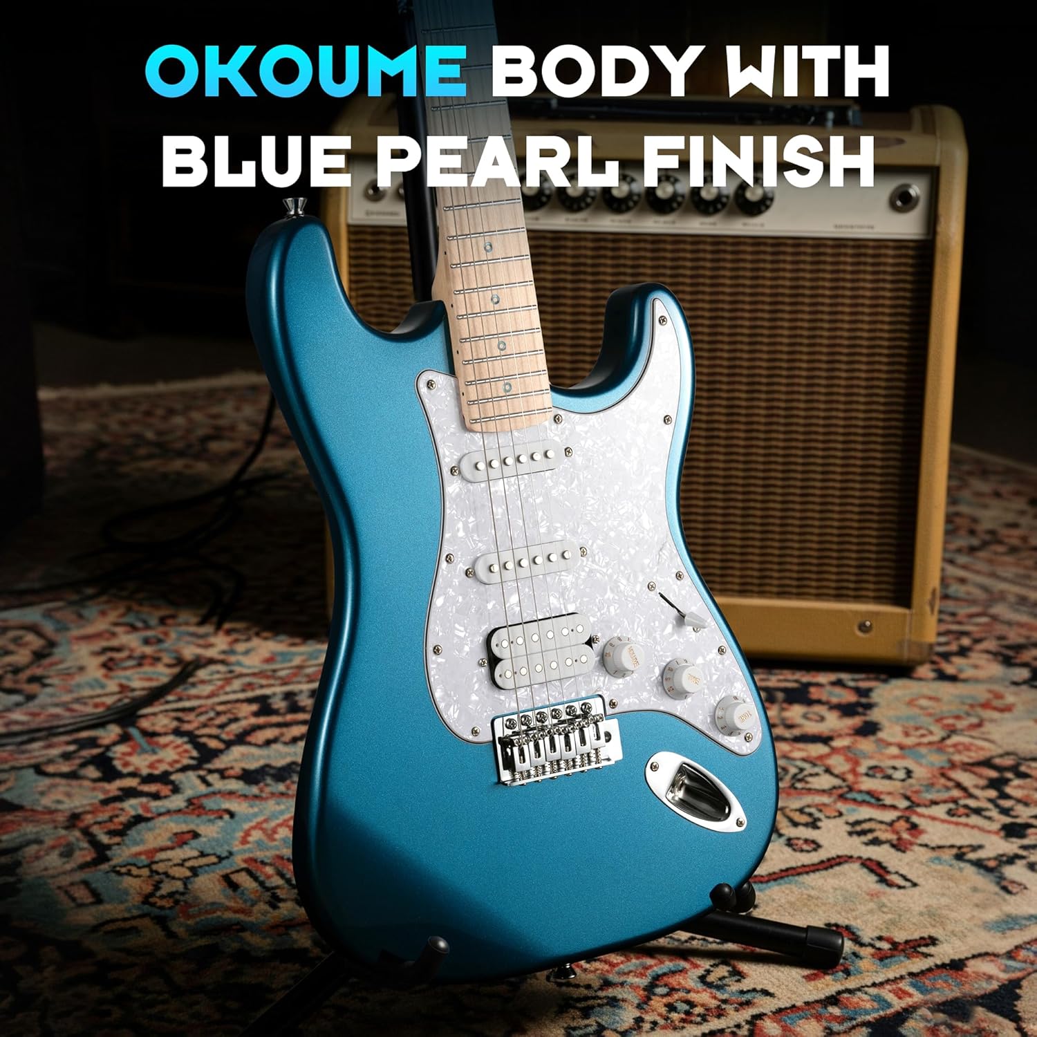 CAHAYA Electric Guitar Set Beginner - 39in Starter Guitar Kit with HSS Pickup Solid Okoume Body Electric Guitar Adults with Amplifier Gig Bag Strap Picks Strings Cable Blue