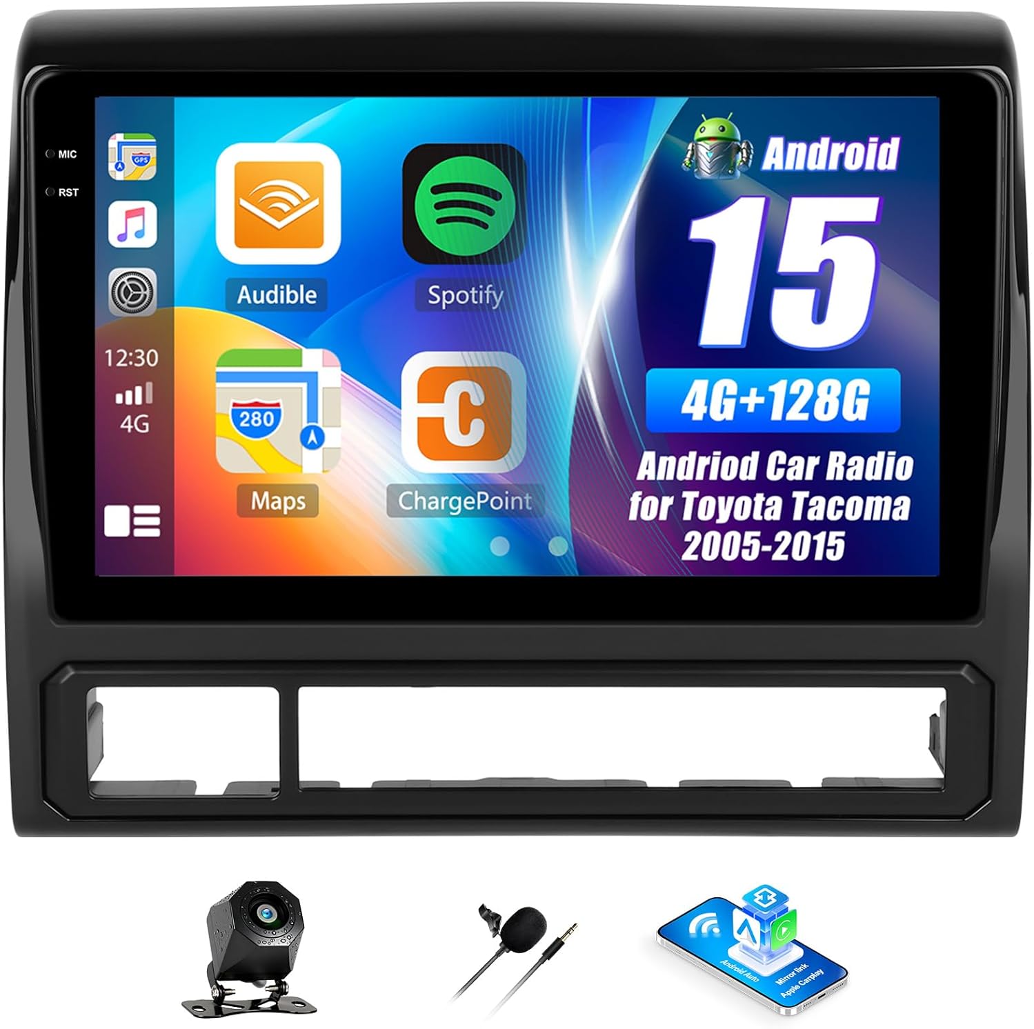 4G+128G Andriod Car Radio for Toyota Tacoma 2005-2015 with CarPlay Android Auto 10.1 Inch Incell Touch Screen with GPS Navigation WiFi Backup Camera Mic