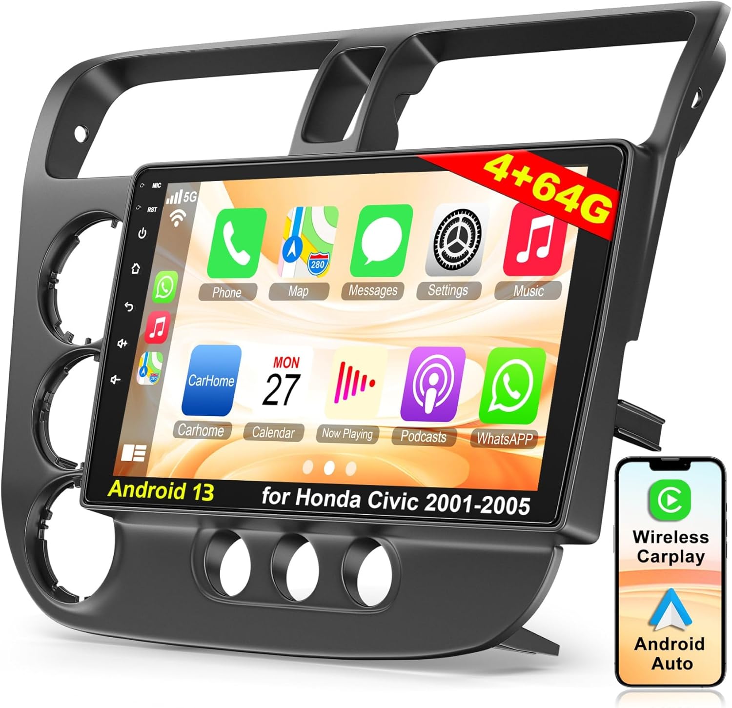 Android 13 Car Stereo for Honda Civic 2001-2005 4G RAM+64G ROM, 9 Inch IPS Touch Screen Car Radio with Wireless Carplay/Android Auto,GPS, WiFi, Bluetooth5.2, Support OBD2/DVR/DSP