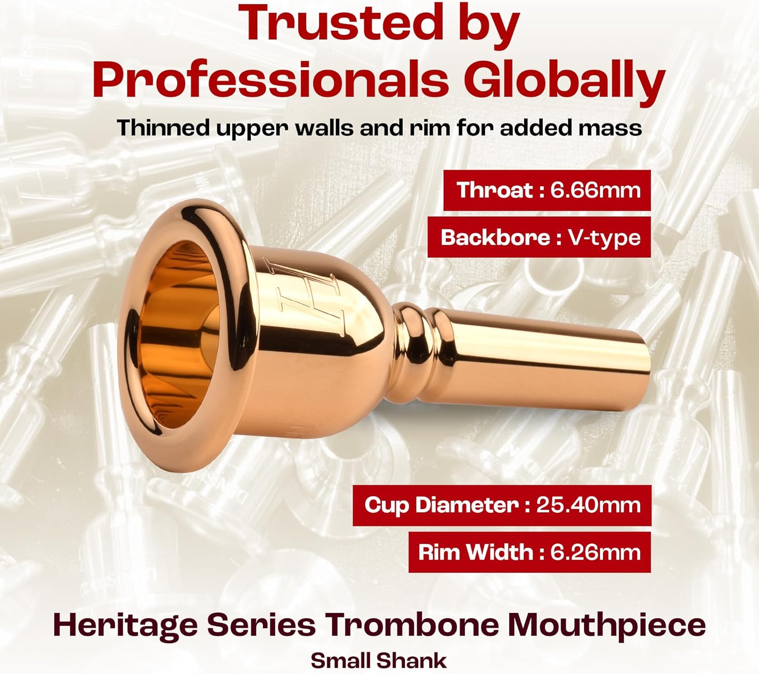 Denis Wick Heritage Trombone Mouthpiece Gold Plated, 3180G-6BS - V-Type backbore for Superior Tone Clarity, Small Shank Fitting Trombone Accessories for Easy Articulation, 1.00 x 0.25 x 0.26 Inches
