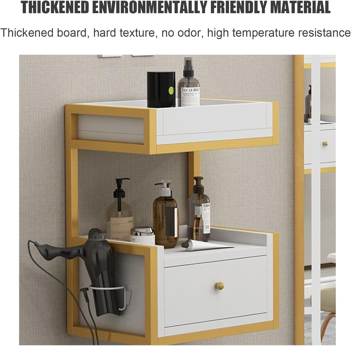 Wall Mount Hair Salon Station Styling Barber Stations , Modern Barber Salon Storage Cabinet, Open Storage Beauty Spa Equipment, Bathroom Dresser Corner Makeup with Drawer and Hair Dryer Rack, set of