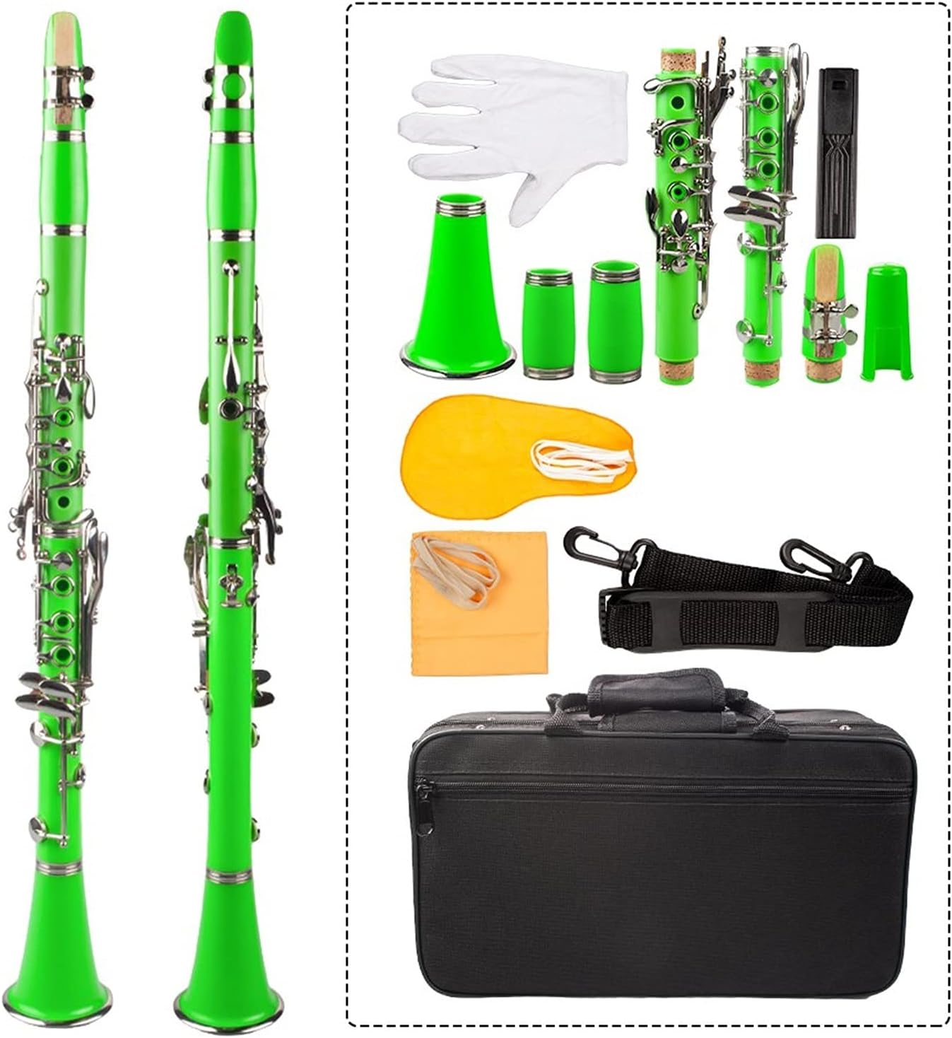 Standard Clarinet Green AbsClarinet Bb Cupronickel Plated Nickel 17 Key with Cleaning Cloth Gloves Woodwind Instrument Beginner Clarinet