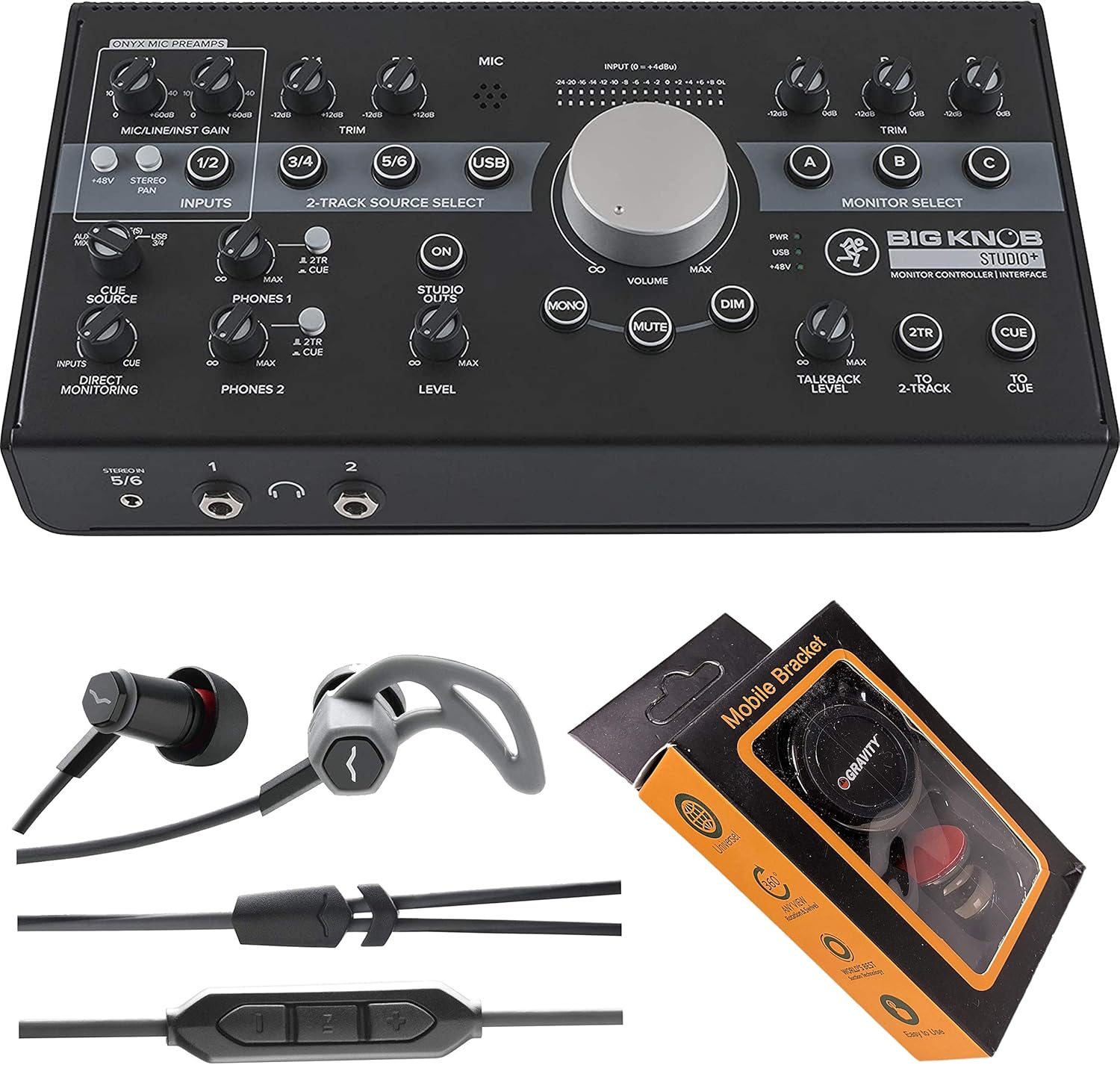 Mackie Big Knob Studio+ 4x3 Studio Monitor Controller and Interface Controller and USB Audio Interface, with 2 Mic Preamp with V-Moda Forza in-Ear Headphones and Gravity Magnet Phone Holder Bundle