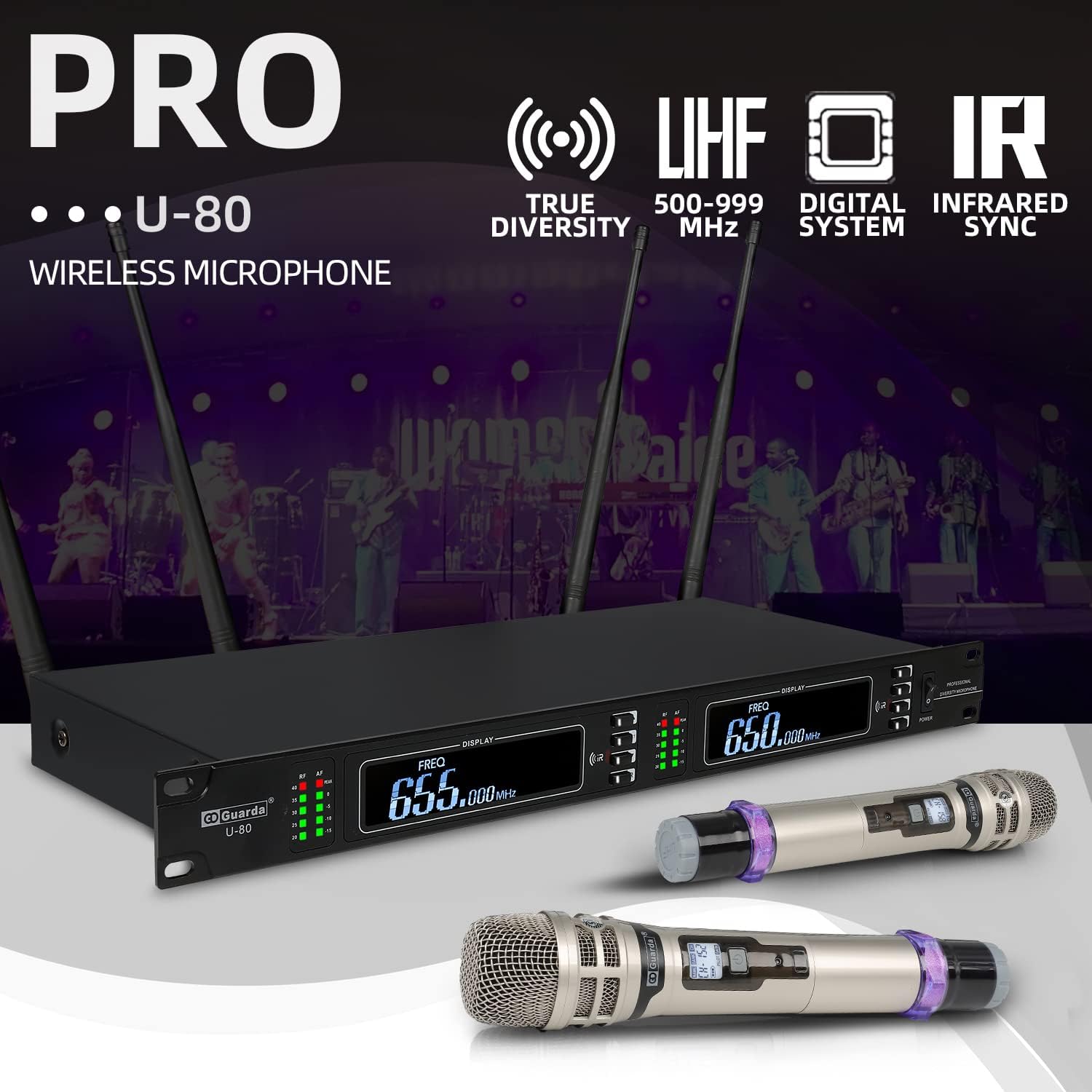 Wireless Microphone System, Guarda Audio 4 Antenna True Diversity Dual UHF Professional Cordless MIC Set, Ideal for DJ, Church, Outdoor Events, Up to Range 1000ft (U-80)