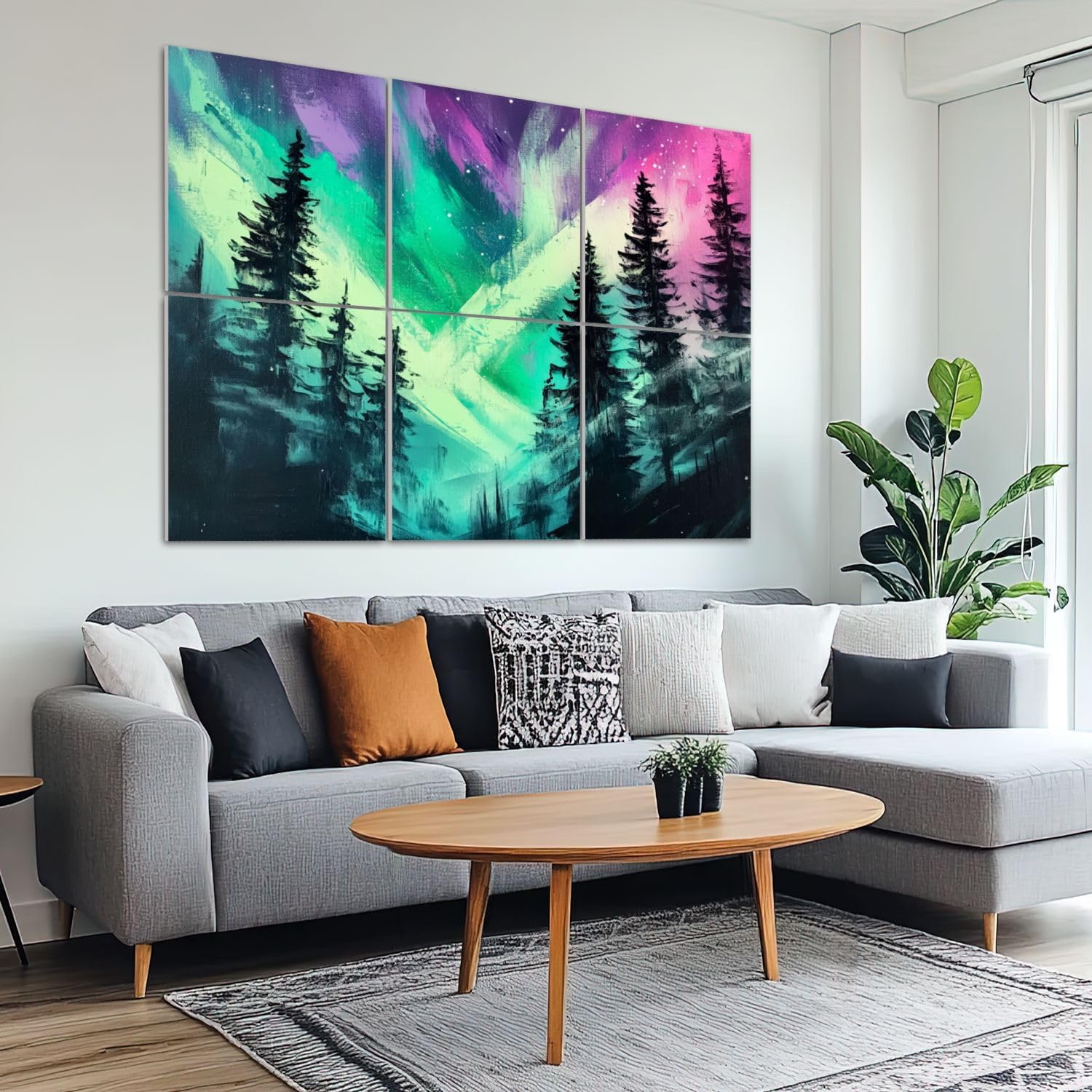 6 Pack Art Acoustic Panels Sound Absorbing Green Purple Trees Lights Starry Scenery Silhouette Colorful Abstract Decorative Soundproof Wall Panels Self Adhesive for Recording Studios Office 72