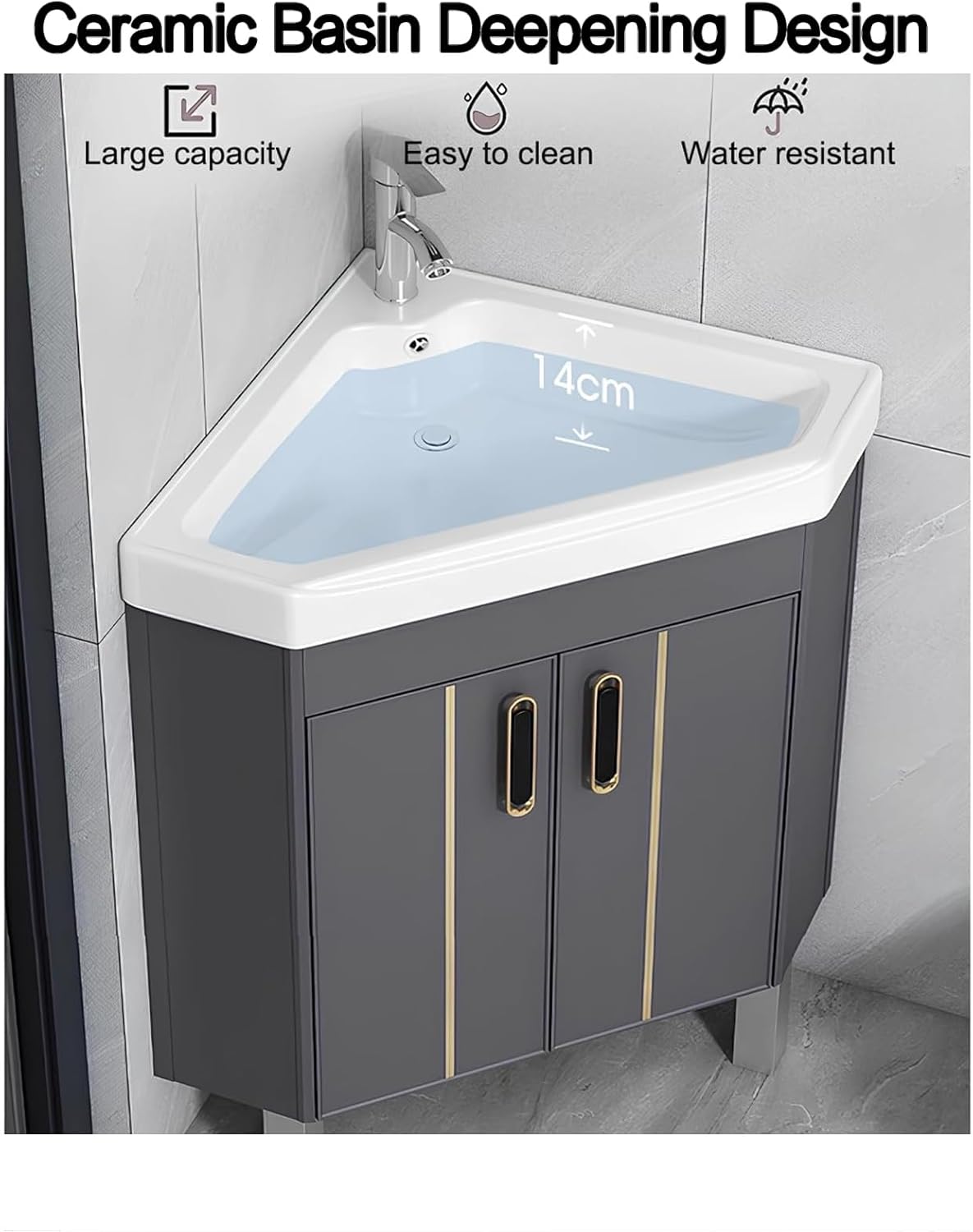 Corner Bathroom Vanity with Sink - Floor Standing, Wall Mount, Ceramic, Storage Container