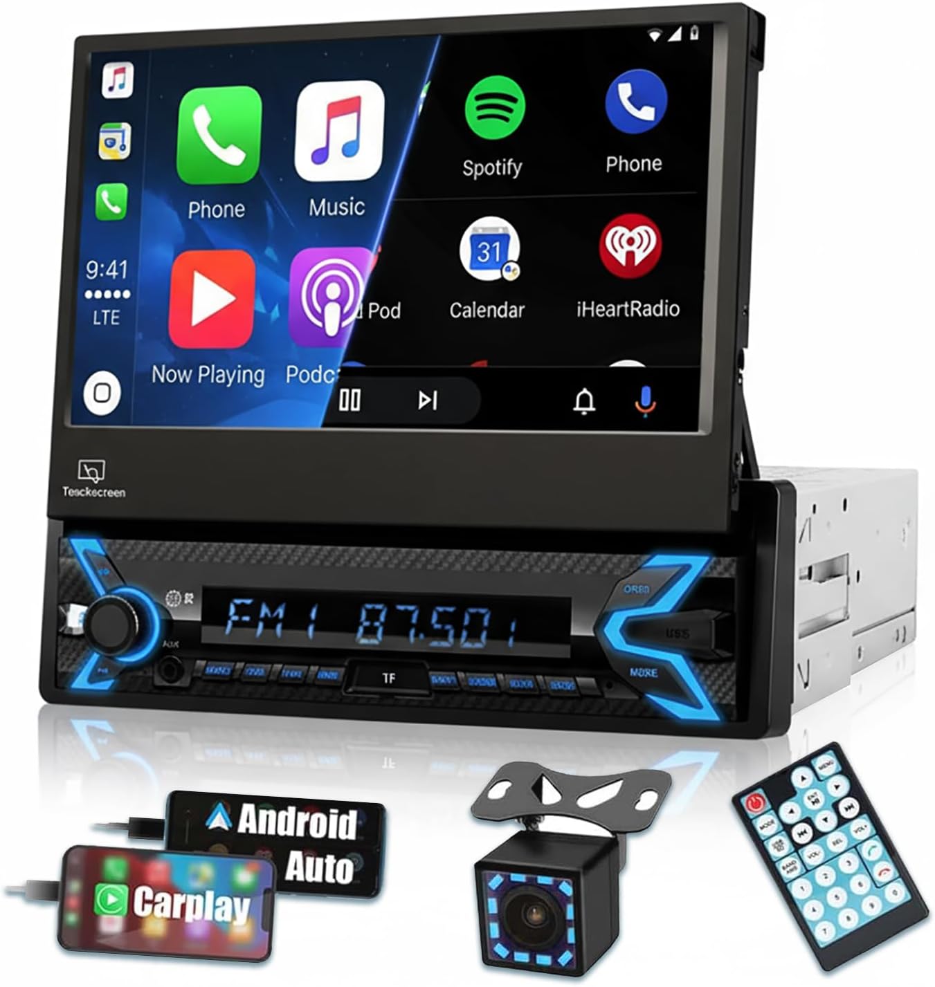 Single Din Car Stereo with Apple CarPlay Android Auto, 7-inch Motorized Flip Out Touchscreen HD Display, Backup Camera, Bluetooth, USB, FM Radio, Mirror Link, SWC, Supports Subwoofer