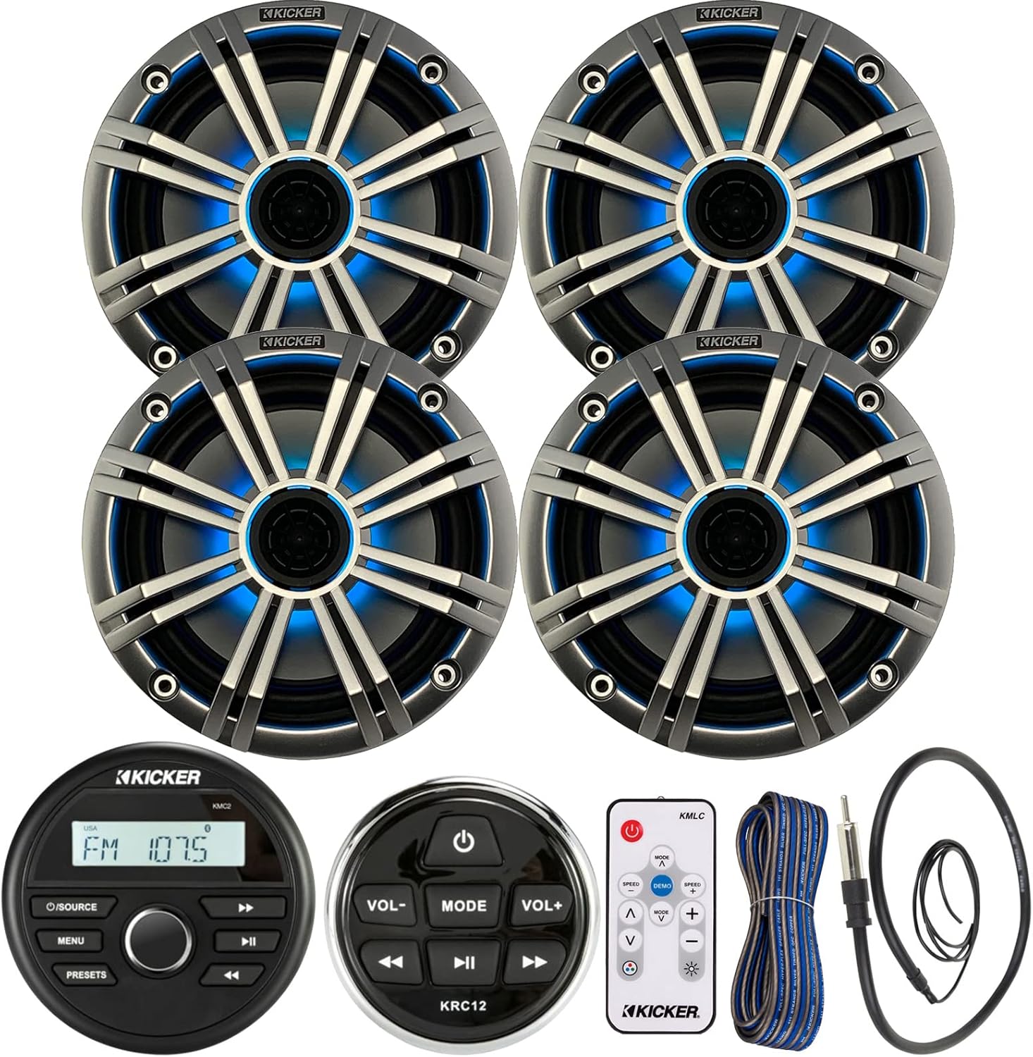 Kicker All-Weather Marine Gauge Style Bluetooth USB Stereo Receiver Bundle with Wired Remote, 4x 6.5