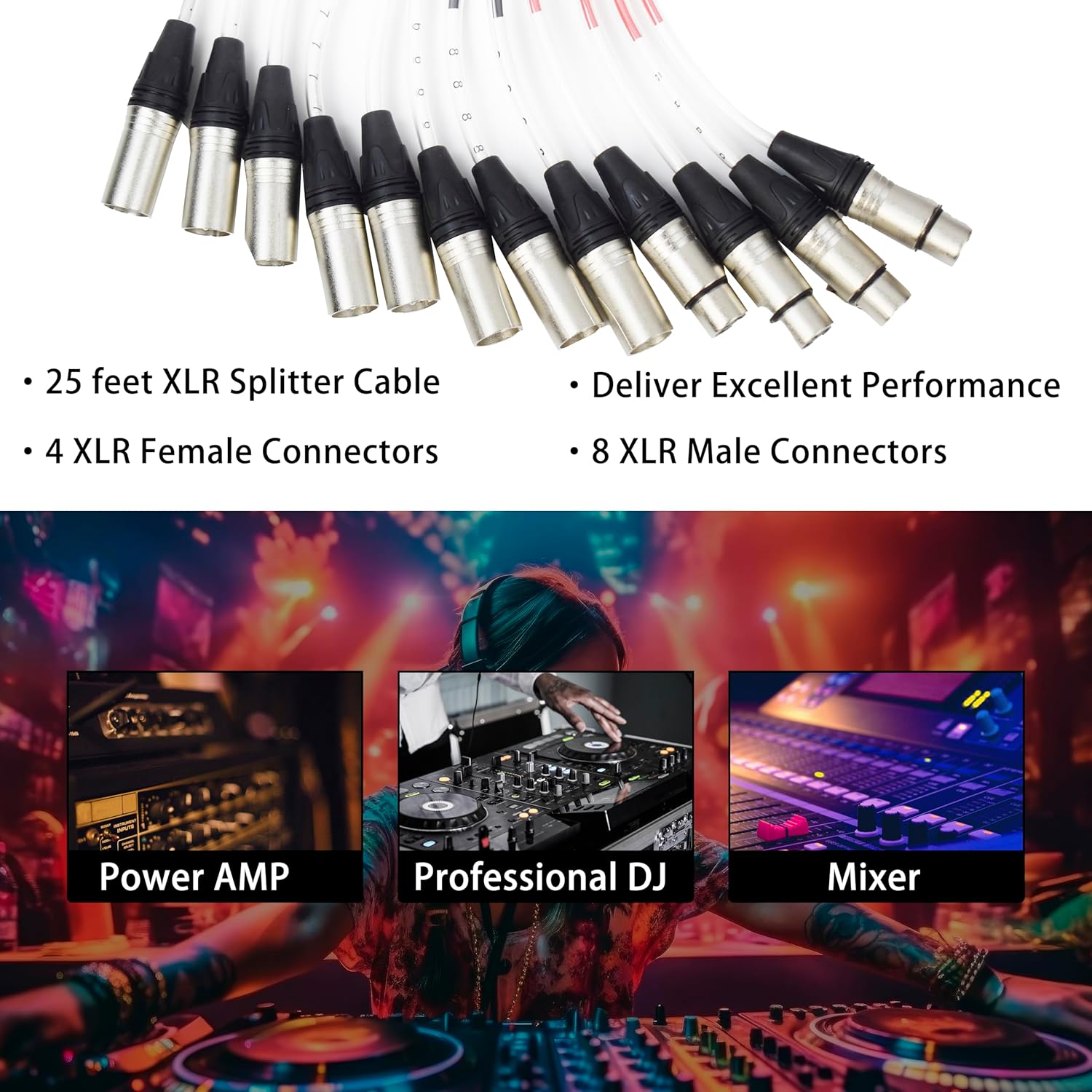 Speakers Low Profile XLR Send Circuit Board Snake Cable, XLR Splitter Cable, Small Footprint XLR Box Snake for Live, Recording, Stage, Studio, 8 Channel 4 Return 25 Feet Long
