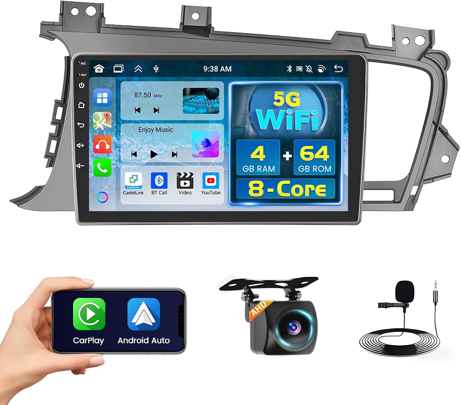 8 Core 4+64GB Android 15 Car Stereo for Kia Optima K5 2010-2013 Wireless Carplay Android Auto, 9'' Touchscreen Car Radio with GPS, WiFi, 32EQ DSP, 59 UI, Bluetooth, FM RDS, Backup Camera