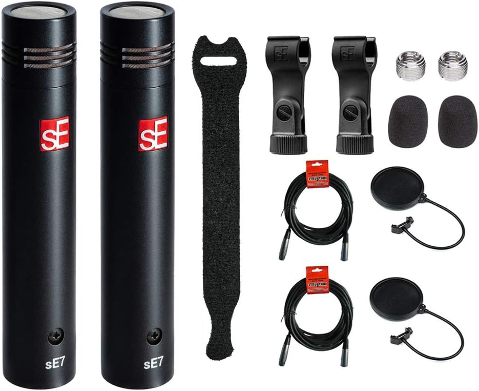 sE Electronics sE7 Small-Diaphragm Condenser Microphone (Matched Stereo Pair) with Touch Fastener Straps (10-Pack), (2) 20' XLR Cable & (2) Pop Filter Bundle