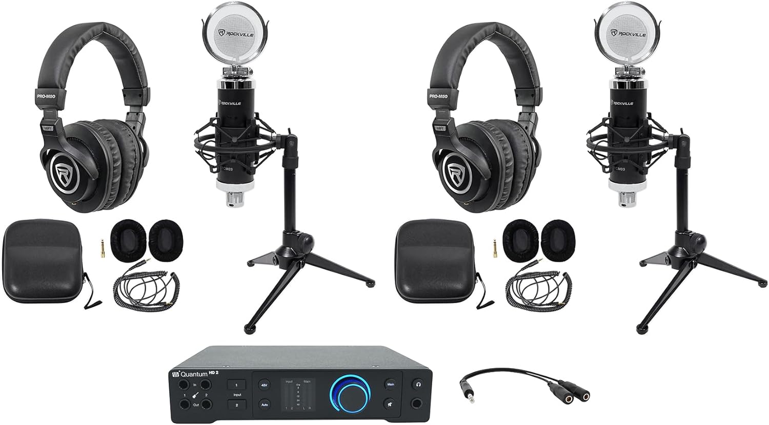Audiosavings Bundle: (1) Presonus Quantum HD2 20 x 24, 32-bit USB-C Audio Interface Bundle with (2) Rockville RCM03 Microphones+(2) PRO-M50 Studio Headphones+(2) RDTS Stands+RC1DTRS Cable (8 Item)