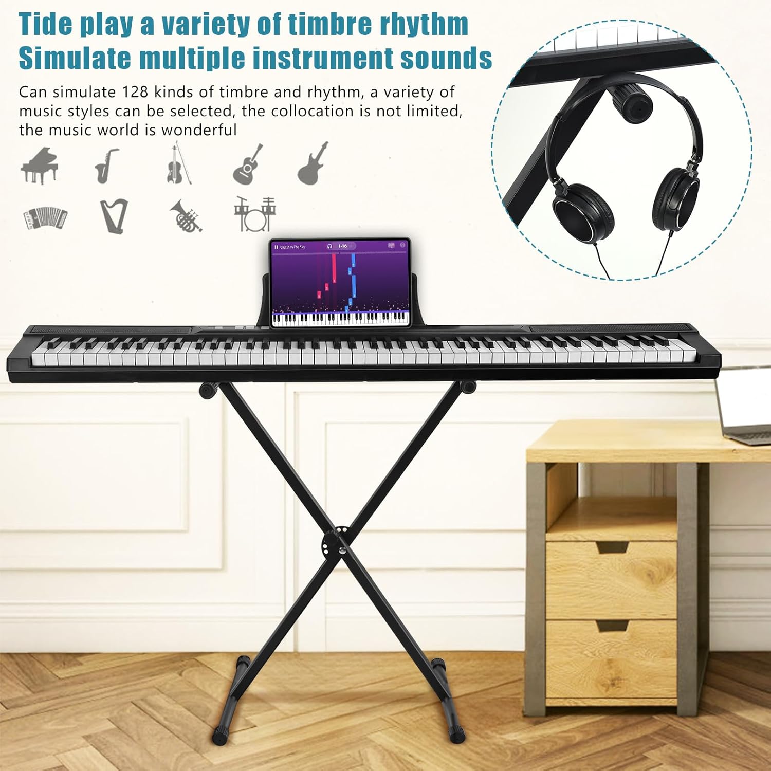 Keyboard Piano, 88 Keys, Plastic, Built-in Battery (Included), Sustain Pedal, Music Stand, Complete Accessories, Ideal Gift for Beginners and Children, Perfect for Practice and Learning