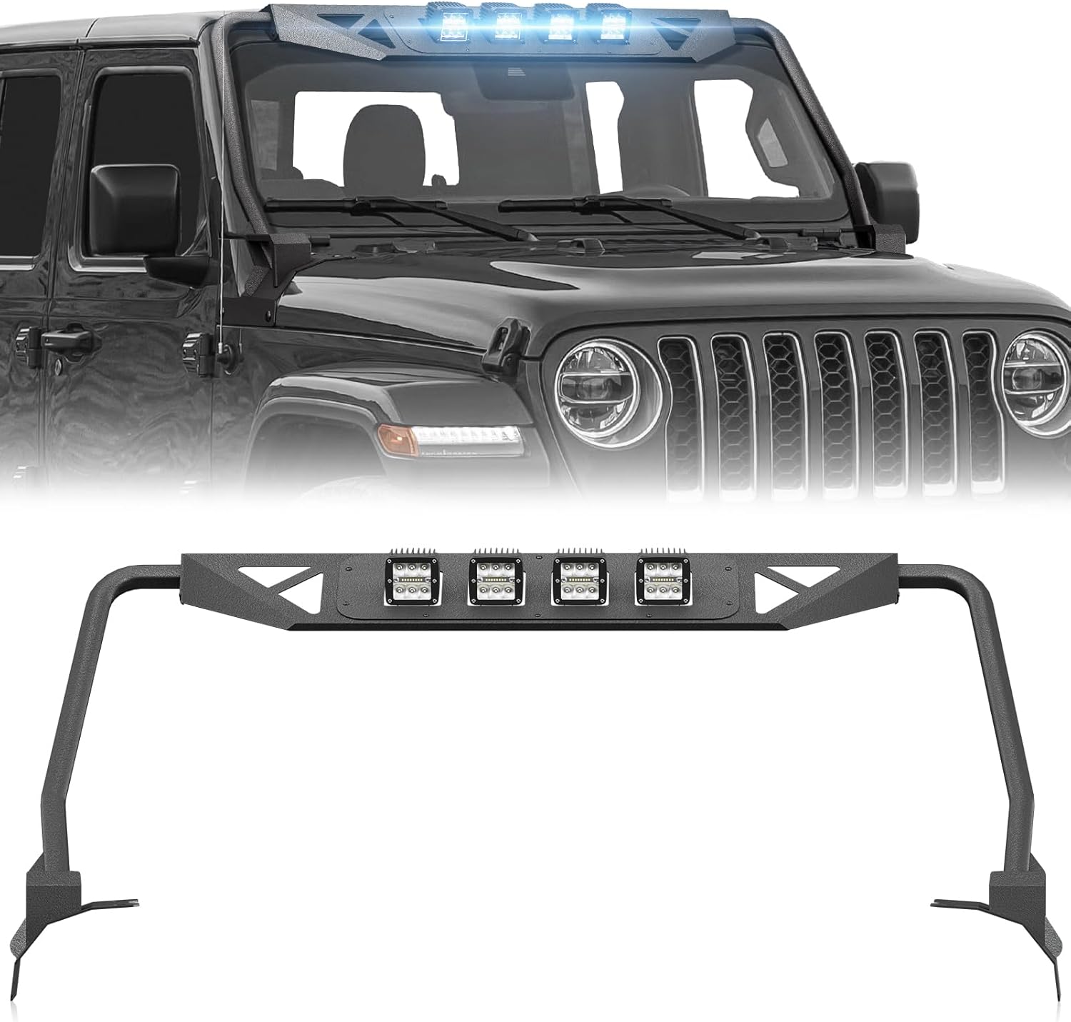 for JL JT Madmax Windshield Frame Cover with 4 x LED Lights Insert Roof Sun Visor Cowl Body Armor Compatible with 2018-2025 Jeep Wrangler JL JLU & Gladiator JT (Excluding JL 4xe & JT Mojave)