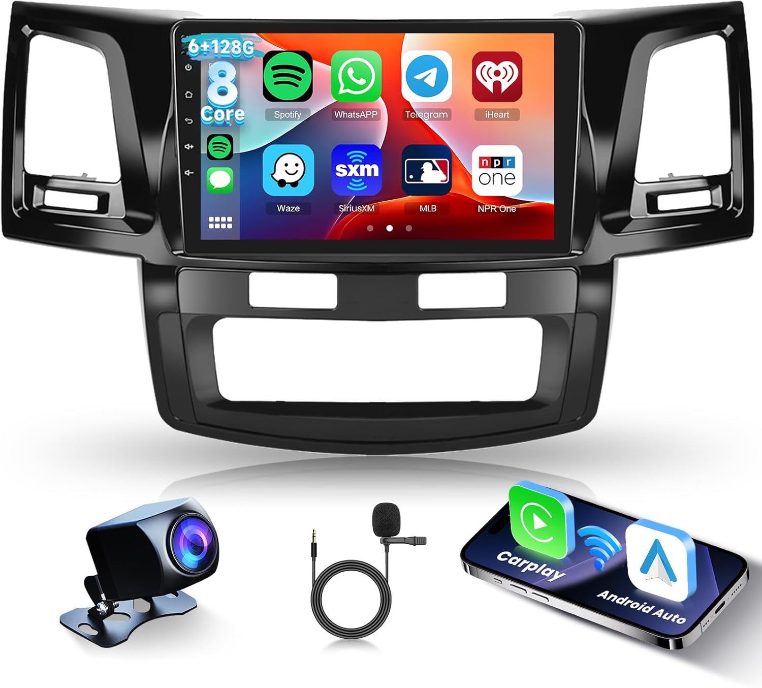 Hodozzy [6G+128G] 8-Core Car Radio for Toyota HILUX 2005-2014 Android Car Stereo with Bluetooth GPS, 9 Inch Touch Screen with Wireless Carplay Android Auto,WiFi USB,DSP,FM RDS