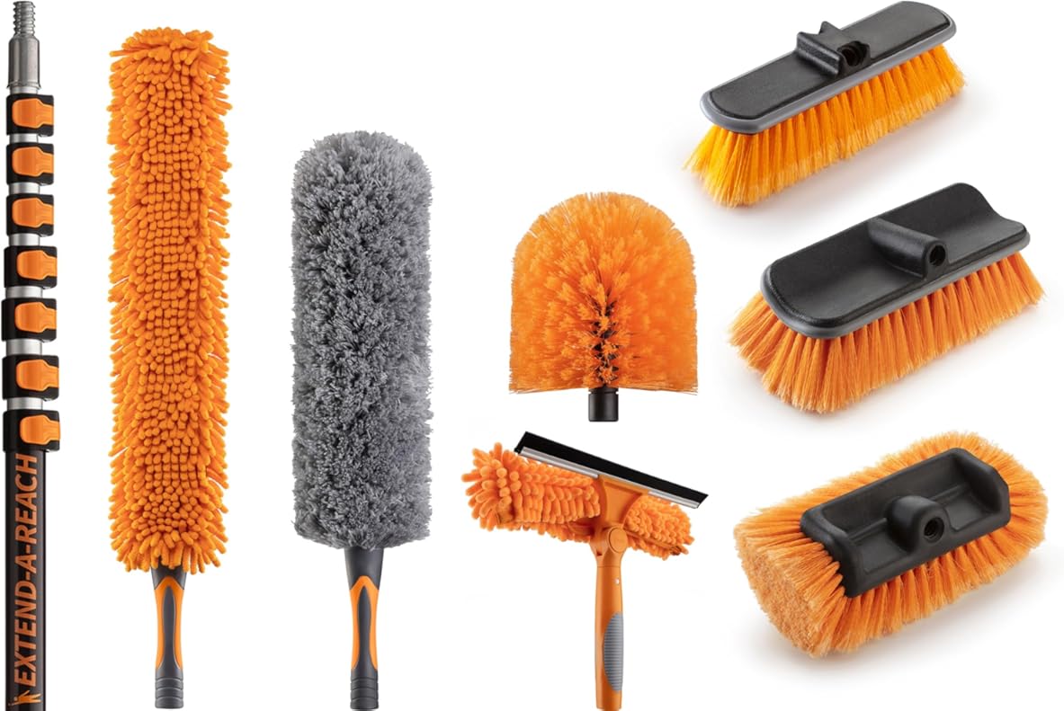 36 Foot High Ceiling Duster and Brush Kit with 7-30 ft Extension Pole // Telescoping Duster, Window Squeegee and Cobweb Duster with Exension Pole // Interior and Exterior House Cleaning Brushes