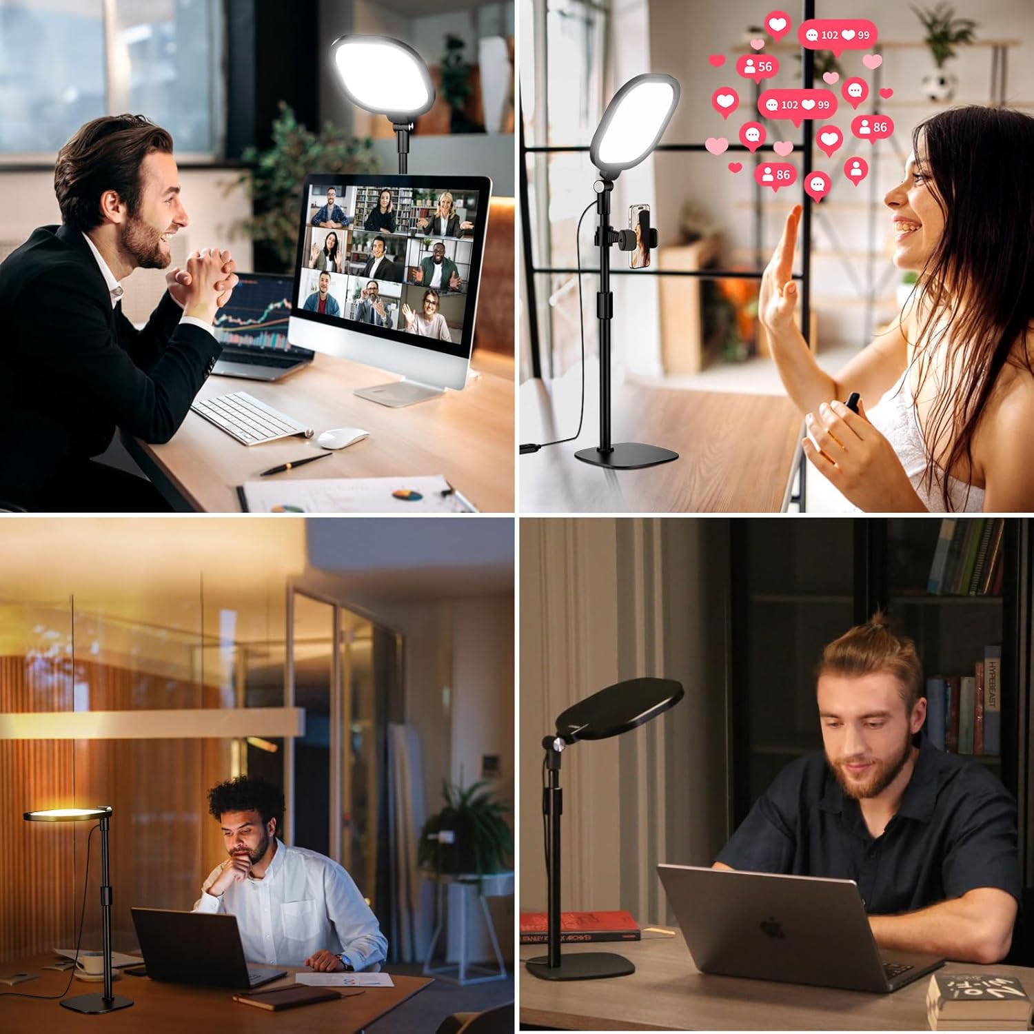 2 Packs Video Conference Lights for Zoom Meeting, LitONES Podcast Lighting Kit for Working from Home Office, Desktop Video Light with Stand and Phone Holder CRI 97.8