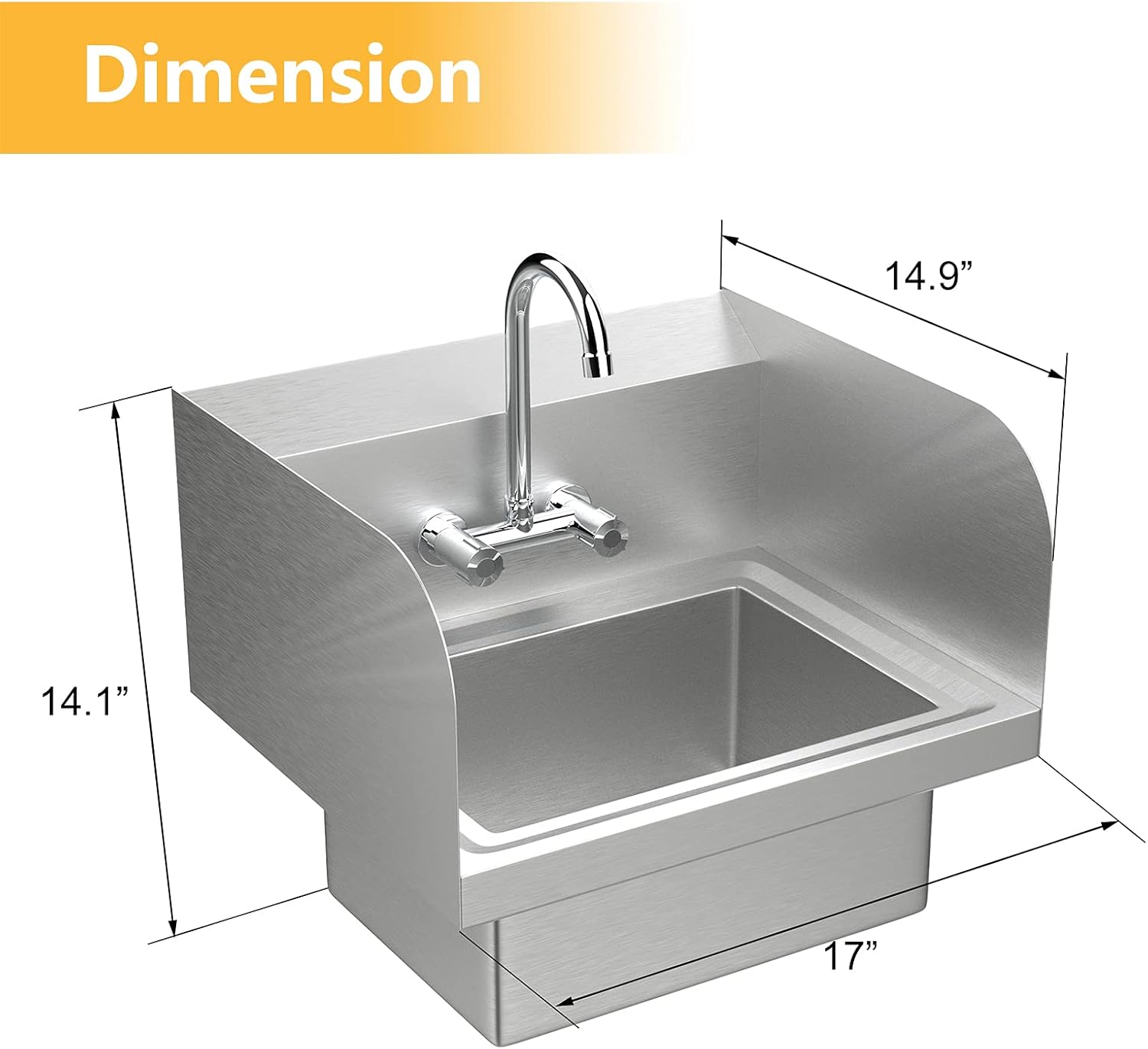 VINGLI Commercial Hand Wash Sink Stainless Steel Bar/Prep with Side Splash Guard, Wall Mount Utility Sink with Faucet, Heavy Duty Washing Basin for Restaurant, Home Kitchen 17W x 15D x 14H
