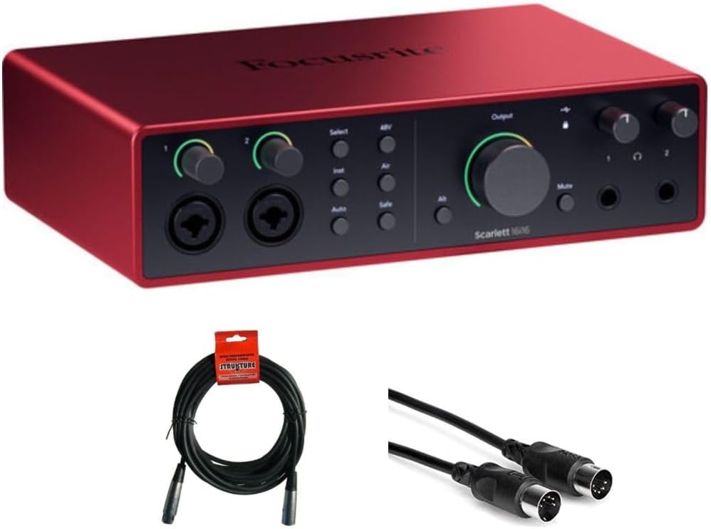 Focusrite Scarlett 16i16 USB-C Audio/MIDI Interface (4th Generation) Bundle with XLR- XLR Cable (2 Pack), Hosa Mid-310 Black 10 ft. Midi cable (2 Pack)
