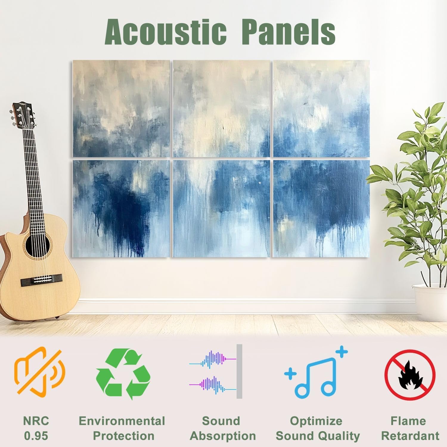 6 Pack Art Acoustic Panels Sound Absorbing Blue Cream Abstract Modern Blurred Shapes Dripping Tones Cloud like Decorative Soundproof Wall Panels Self Adhesive for Recording Studios Office 72