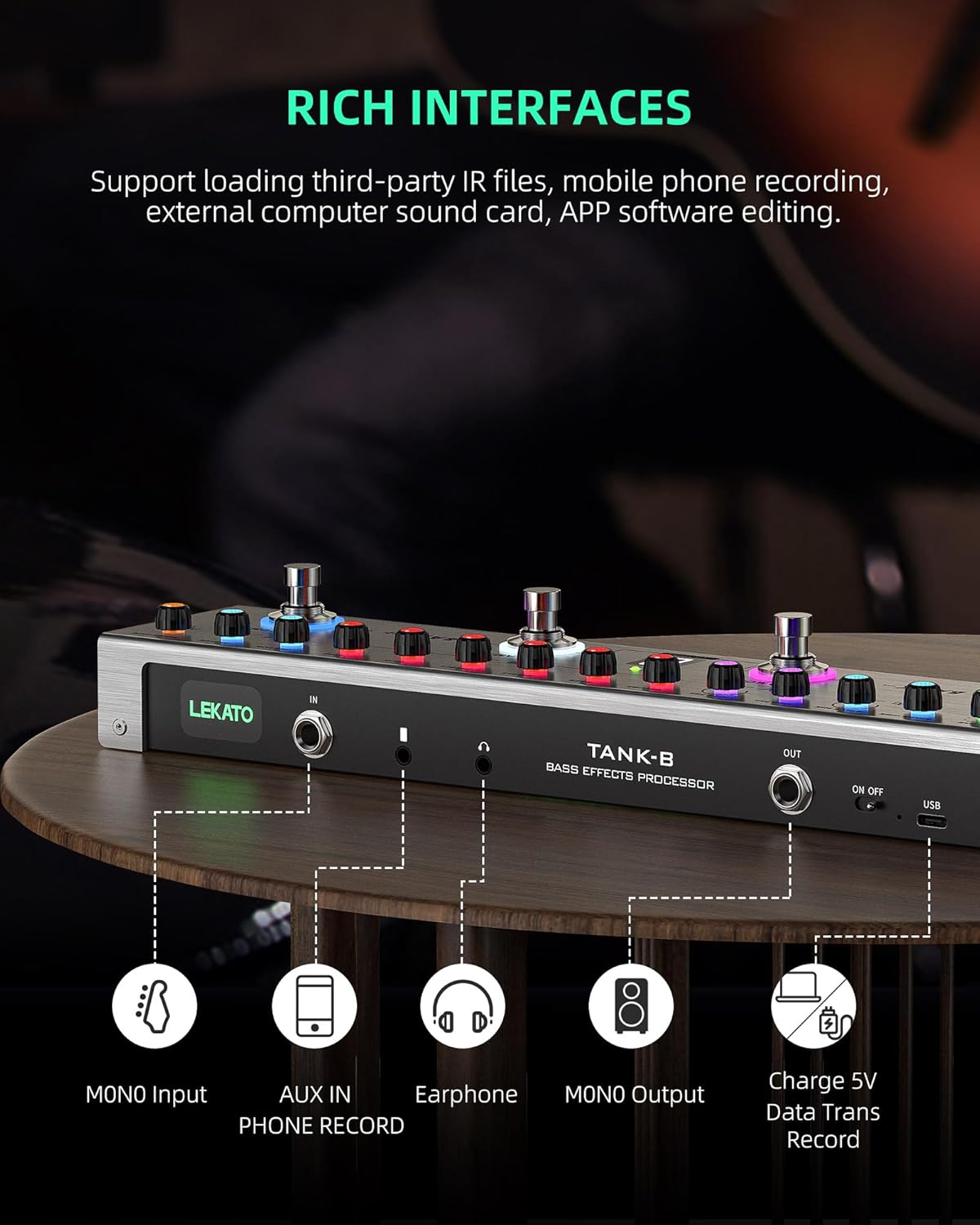 LEKATO Bass Multi Effects Pedal, Bass Effects Pedal with 36 Presets, Editable 4 Modules, Amp, Compressor, Mod, Space, Reverb, IR CAB, Tuner, BT Connection, Music Recording