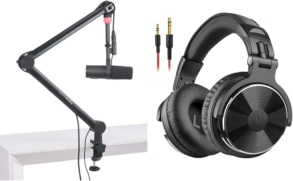 Gator Frameworks Professional Desktop Broadcast/Podcast Microphone Boom Stand with On-Air Indicator Light & OneOdio Wired Over Ear Headphones Hi-Res Studio Monitor & Mixing DJ Stereo Headsets - Black