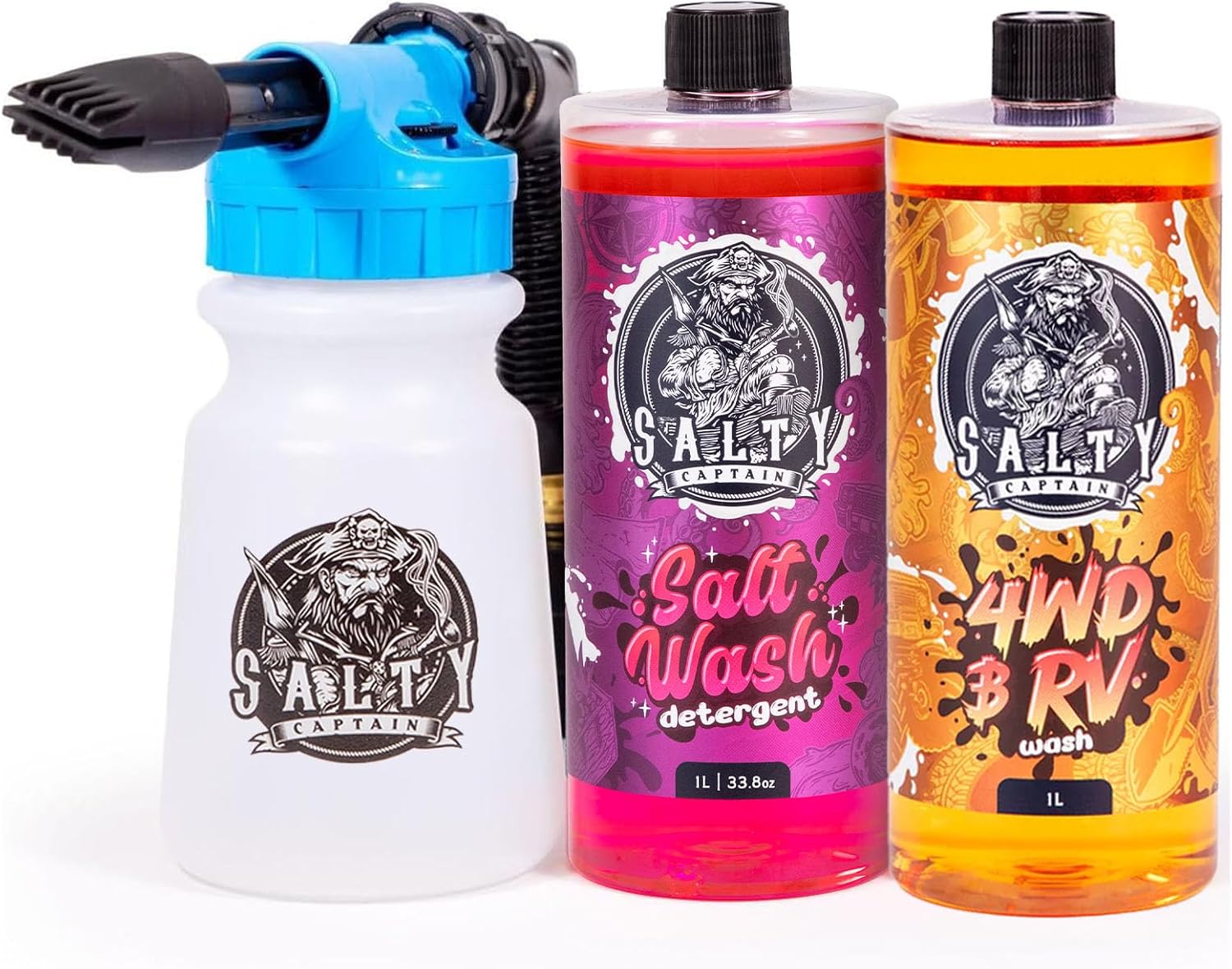 Salty Captain Heavy Duty Salt Wash Kit - Extra Tough Mud & Salt Remover Boat Cleaner, Foaming Wash Soap & Hose Foam Blaster Gun Attachment for Marine & Off-Road Vehicles