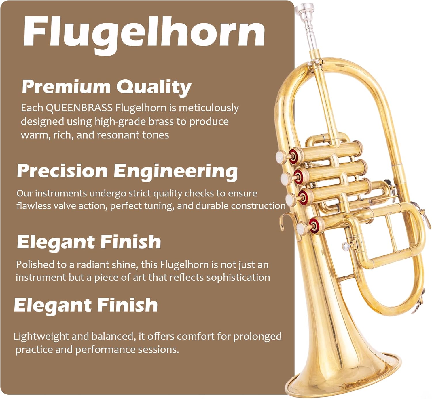 4-Valve Flugelhorn in Bb/F Pitch – Brass Flugel Horn with Mouthpiece & Case | Handcrafted for Jazz, Brass Bands & Orchestras, Gold