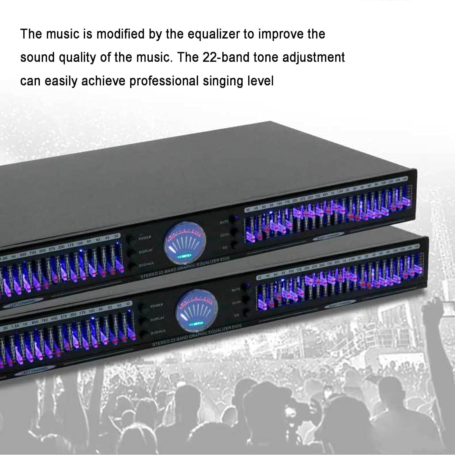 22-Band Audio Equalizer, Stereo Graphic Equalizer with flashing lights, 1U Rack Mount, with 10 Preset Effects, Hifi Home EQ Tuning Noise Reduction, Low/Mid/Treble Adjustment, for Recording Studio