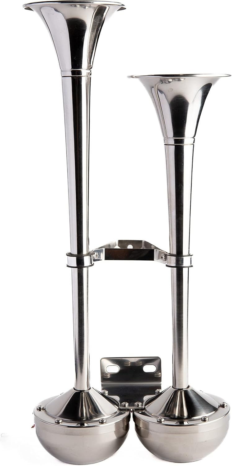 Viking Horns | Electric Dual Trumpet Marine Horn (12V) | Stainless Steel (Grade 304) | Universal Fit | RV/Truck/SUV/Boat/Pick-Up