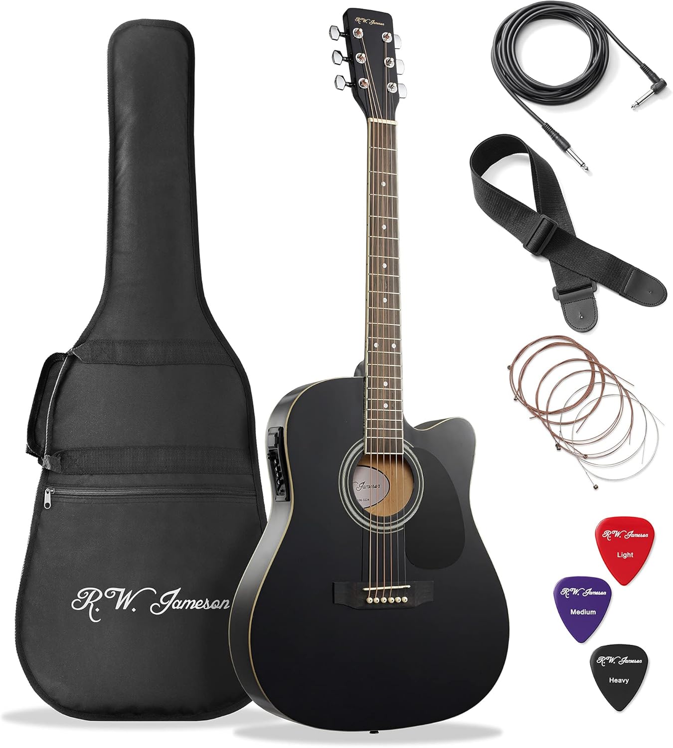 Jameson Guitars Full Size Thinline Acoustic Electric Guitar with Free Gig Bag Case & Picks Black Right Handed