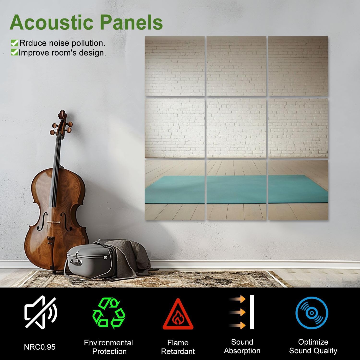 Art Acoustic Panels Self Adhesive Empty room wooden floor white brick wall 9Packs Decorative Soundproof Wall Panels Large Sound Absorbing Panels for Home Office 60