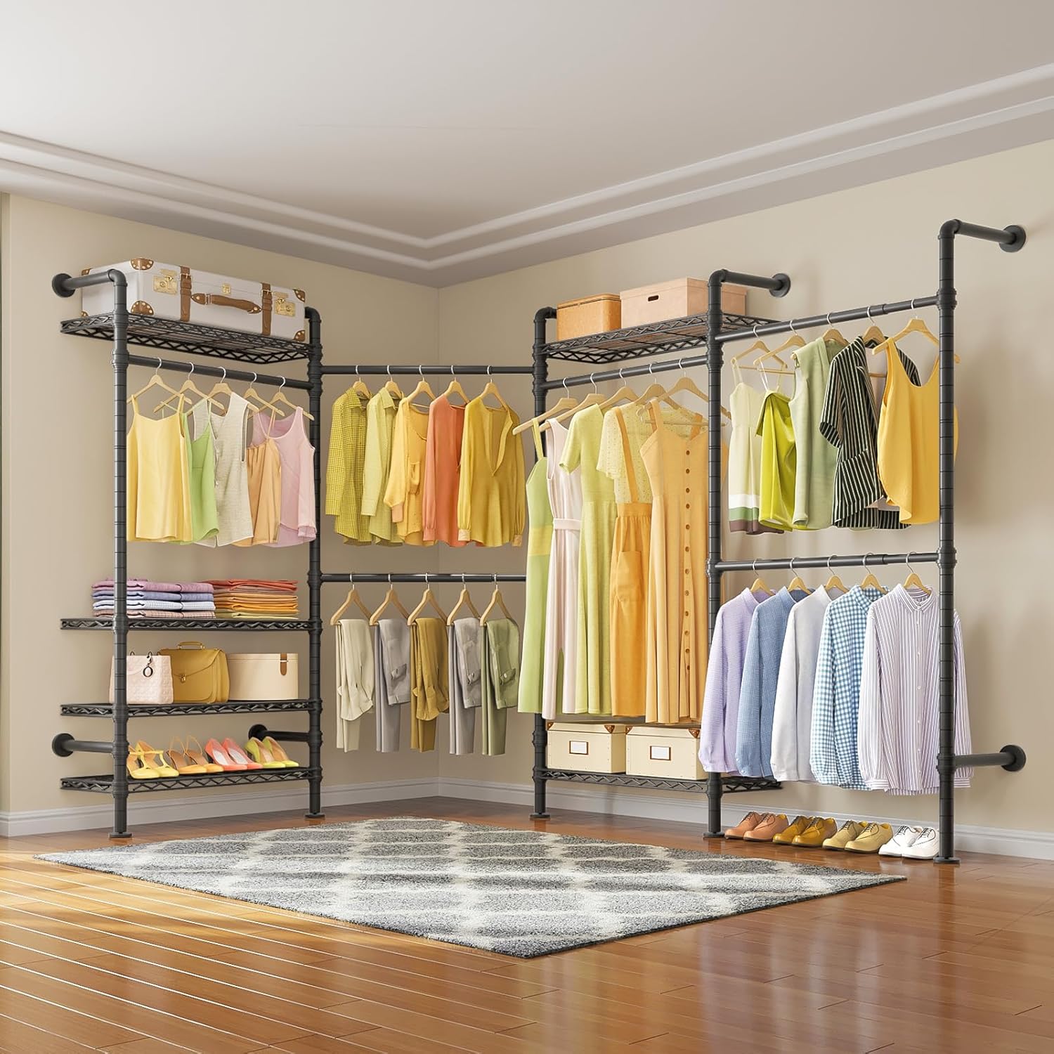 Timate L4 L Shape Garment Rack Heavy Duty Clothes Racks for Hanging Clothes, Expandable Industrial Pipe Clothing Rack Wall Mounted Closet Racks Wardrobe Closet Kit Corner Closet System, Black