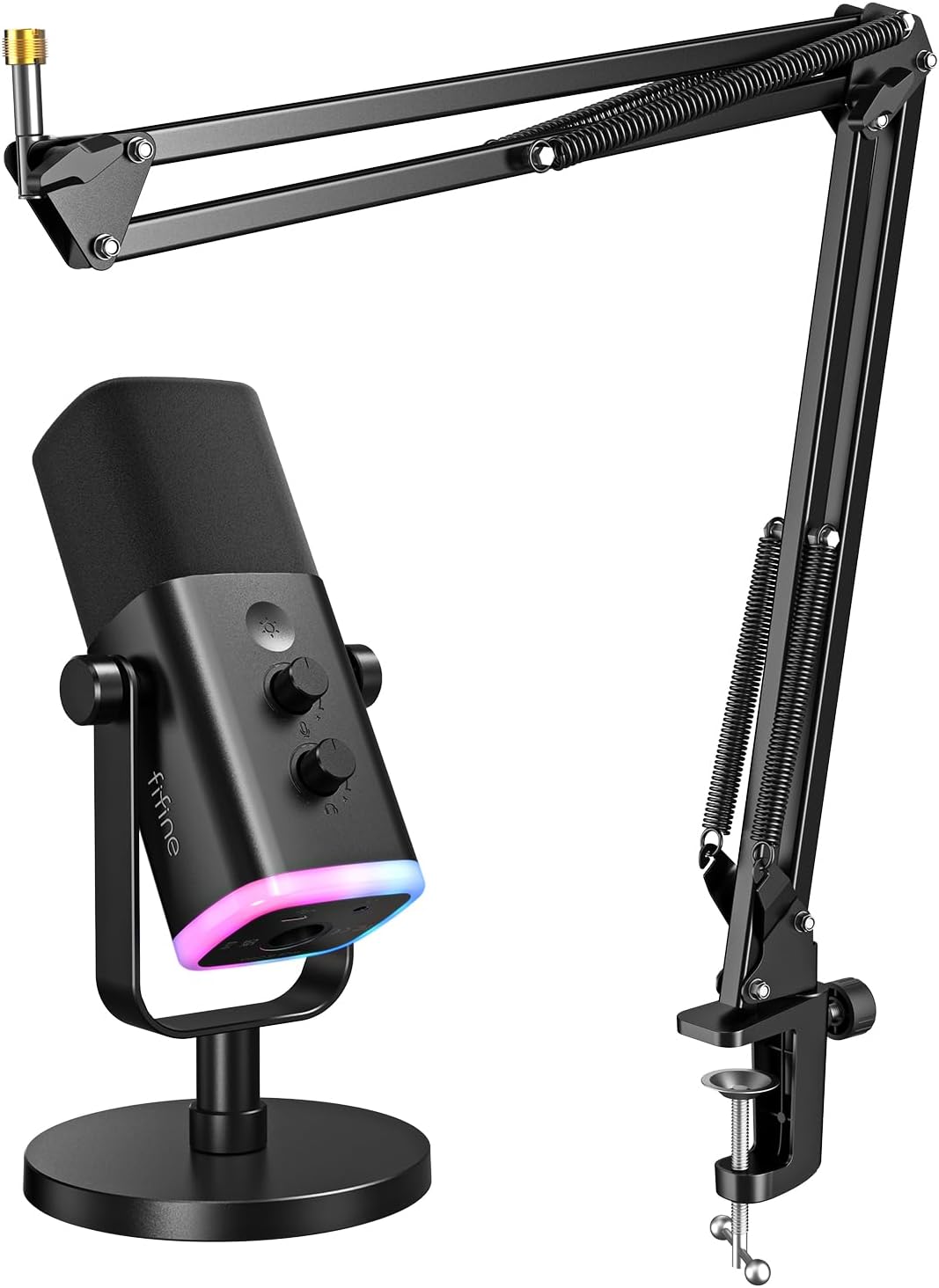 FIFINE Dynamic Gaming Mic and Microphone Arm Stand Kit, PC Computer Streaming Mic with RGB Light, Mute Button, Suspension Scissor Boom Stand Bundle for Recording, Podcast, Voice-Over (AM8+CS1)