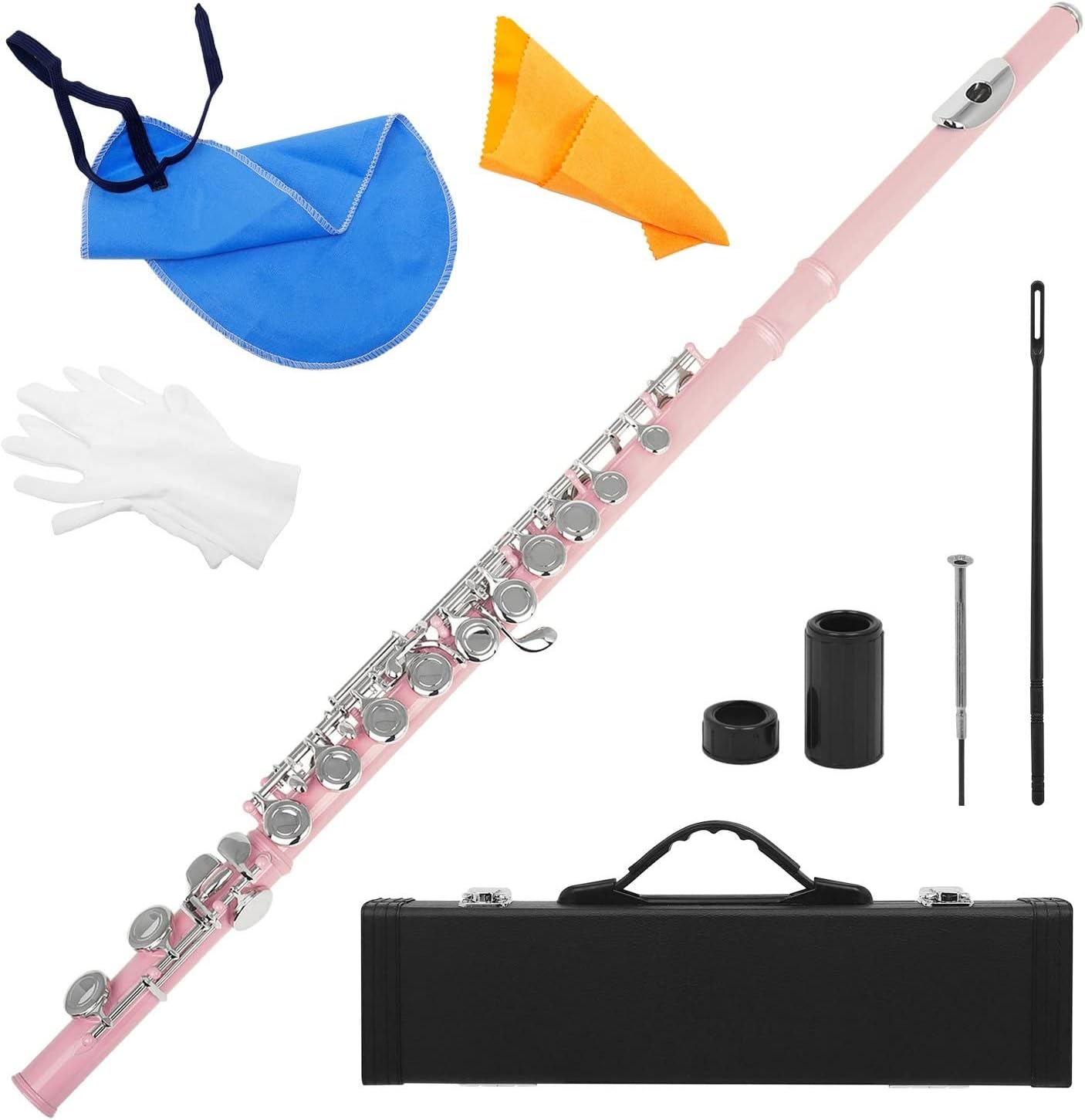 ZUZU Flute Cupronickel Plated Silver 16 Holes C Key Woodwind Instrument with Cleaning Cloth Stick Gloves Beginners Flute (Color : Pink)