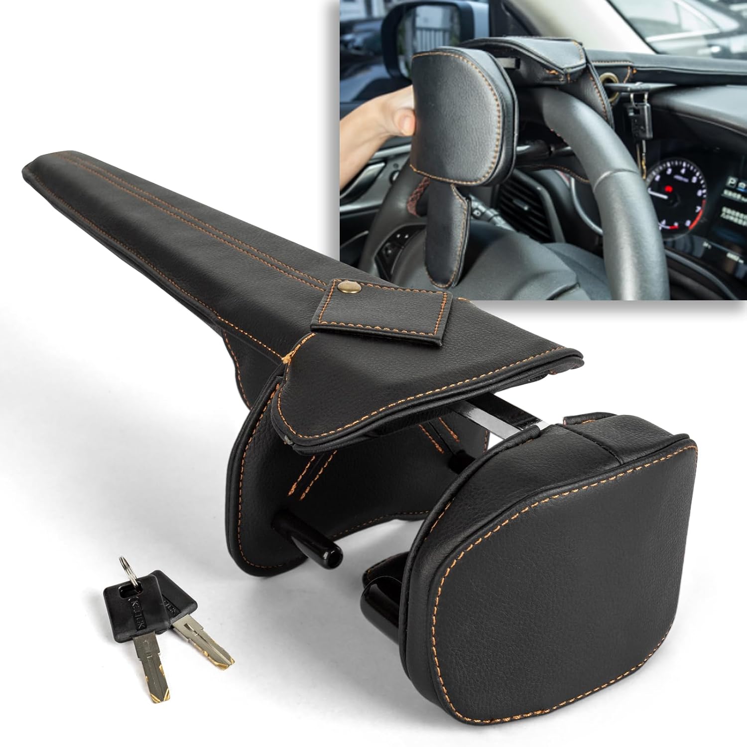 Vechkom Car Steering Wheel Lock Anti Theft Device Adjustable with 2 Keys - Leather Cover & Reinforced Steel Core Fits Vehicle Truck Van SUV Theft Deterrent Scratch-Resistant Tamper-Proof Design Black