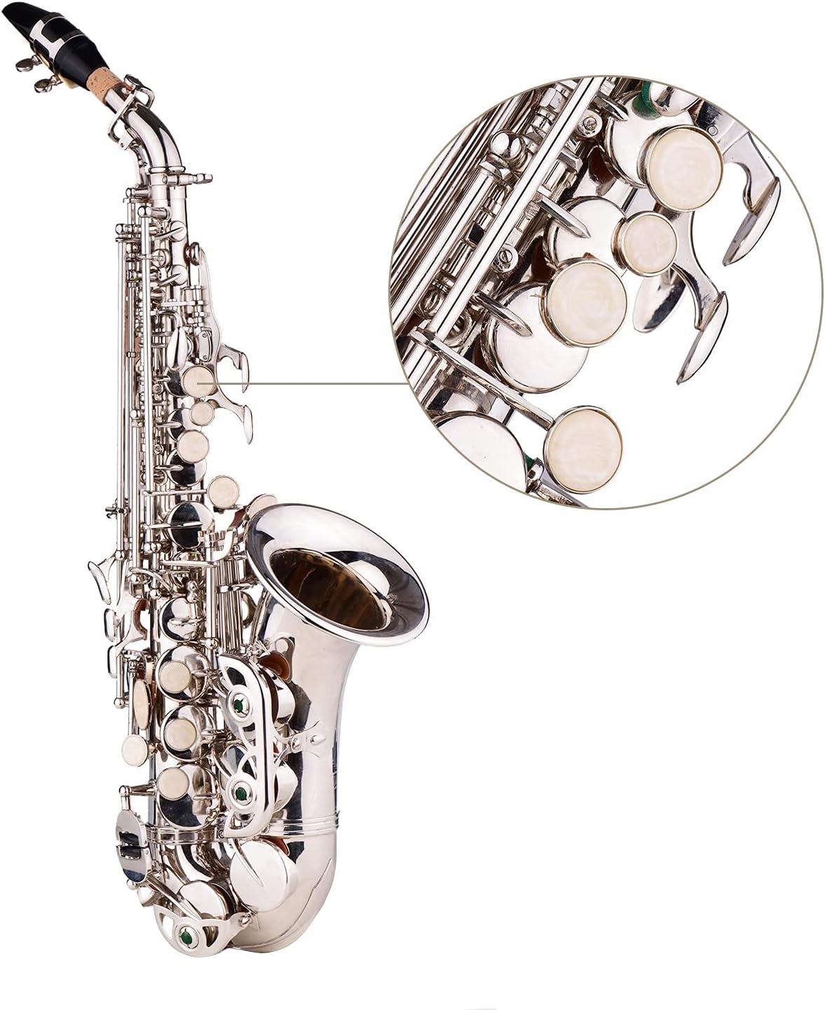 Sax Beginners Kit Brass Gold and Silver Sax Carve Pattern Bb Bend Althorn Soprano Saxophone Sax Pearl White Shell Buttons Wind Instruments Wind Instrument (Color : Silver)