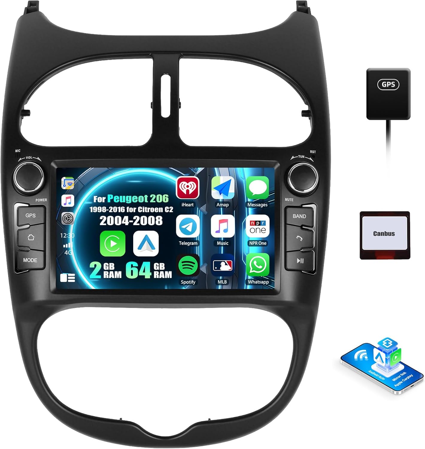 Car Stereo for Peugeot 206 1998-2016 for Citroen C2 2004-2008 7 Inch Touchscreen Android Car Radio with Wireless Carplay Android Auto GPS Navigation WiFi