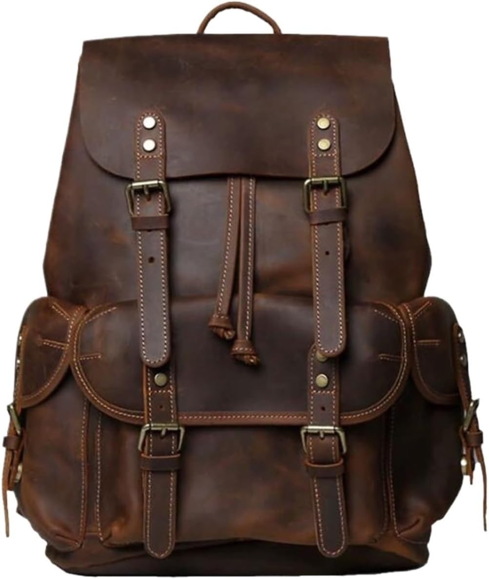 Men's Retro Genuine Leather Backpack - Casual Daypack Laptop Bag for Travel Work & Business Gift Box (Coffee)