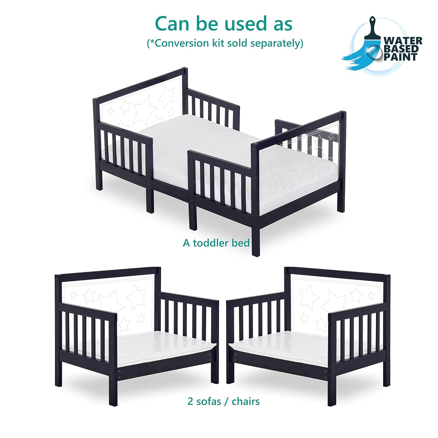 Dream On Me Star 3 in 1 Convertible Toddler Bed in Cool Navy, Converts to Chair&Table, Non-Toxic Finish, JPMA Certified, Made of Durable & Sustainable Pinewood