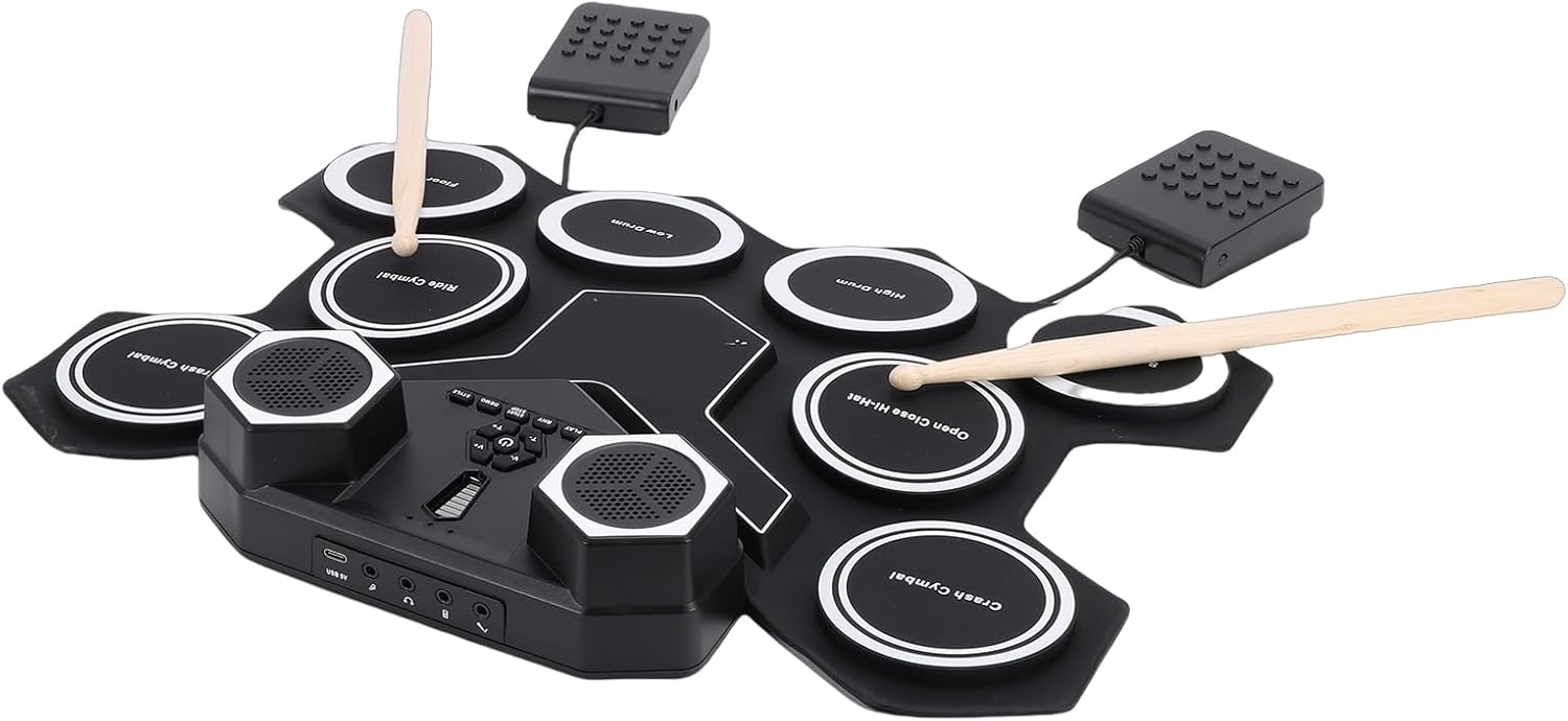 Jiawu Electronic Drum Set, 8 Drum Practice Pads, Electric Roll Up Drums Pad Built in Speaker, Portable Druming Machine with Pedals and Sticks, Rechargeable Instrument for Beginner