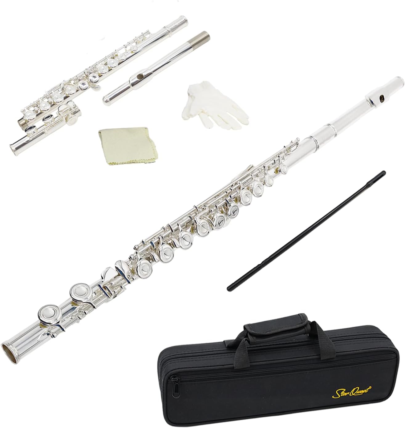 StarQuest SQ-FL250 Closed Hole C Flute Instrument For Beginners, Silver-Plated, Portable Hard Case & Cleaning Rod & Cloth, Gloves, Precision-Tuned Embouchure