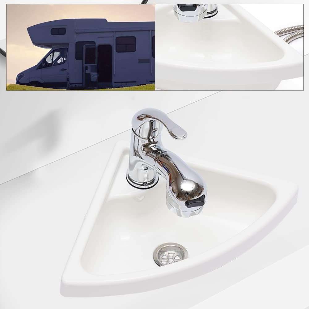 Wall Mount Corner Bathroom Sink White Acrylic Triangle Sink With Faucet Vanity Single Bowl Sink for Boat Caravan Rv Camper Kitchen Bathroom Lavatory (With Faucet and Water Drain Plug)