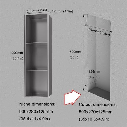Shower Niche, Recessed Shower Cabinet WallMounted Stainless Steel Caddy Inwall Shampoo Storage Box Bathroom Organizer Cream Finish 900x280x125mmReplacement Solution